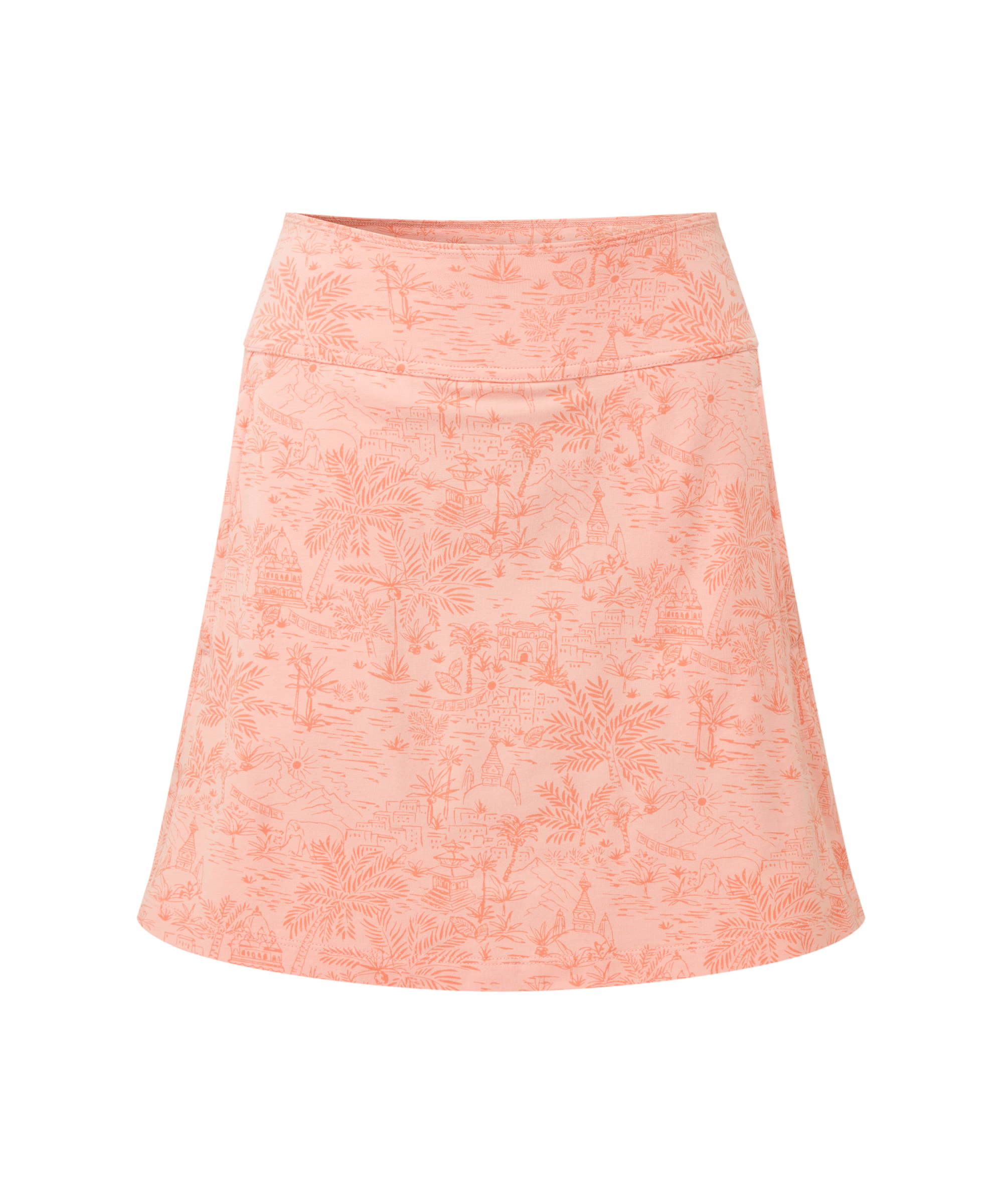 Women's pink floral patterned skirt on a white background. The pattern also incorporates Nepali temples and shrines into the design.