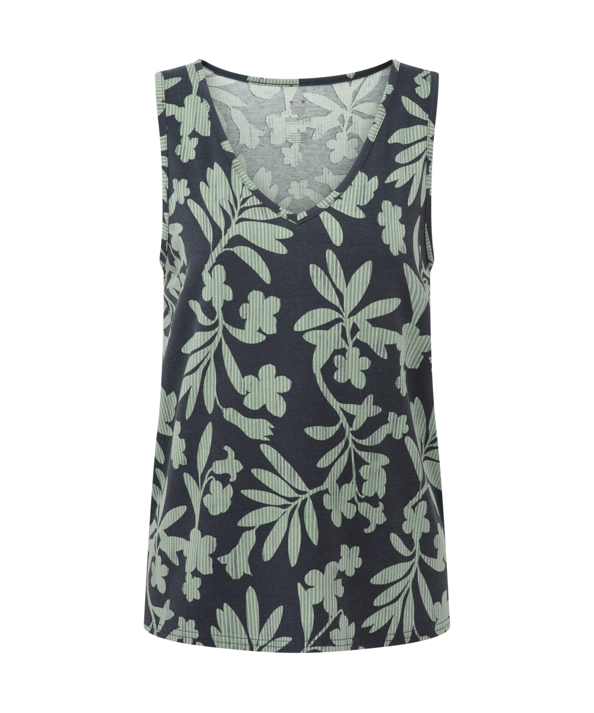 Women's black vest with green floral pattern on a white background
