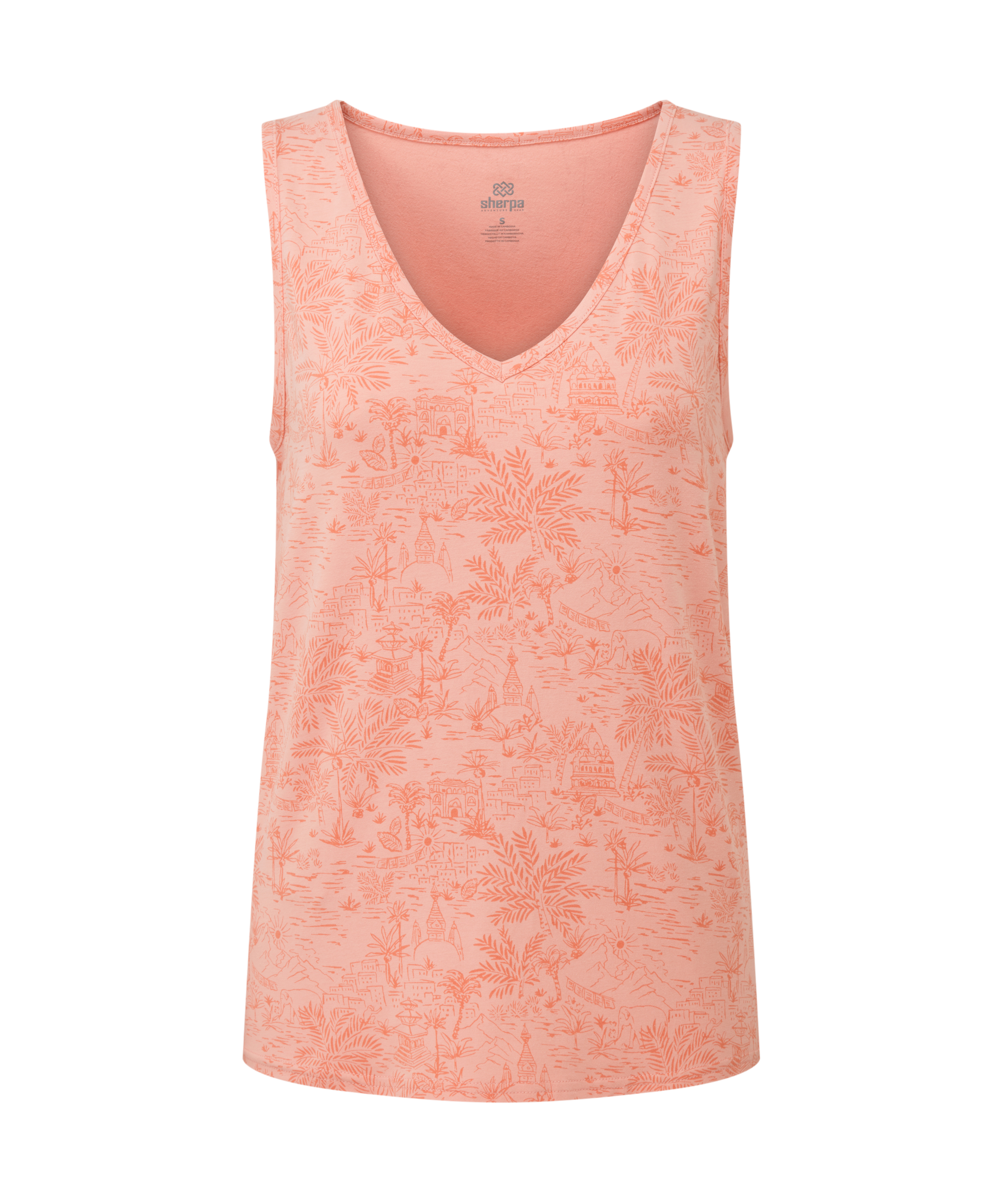 Women's pink sleeveless top with a subtle floral pattern on a white background