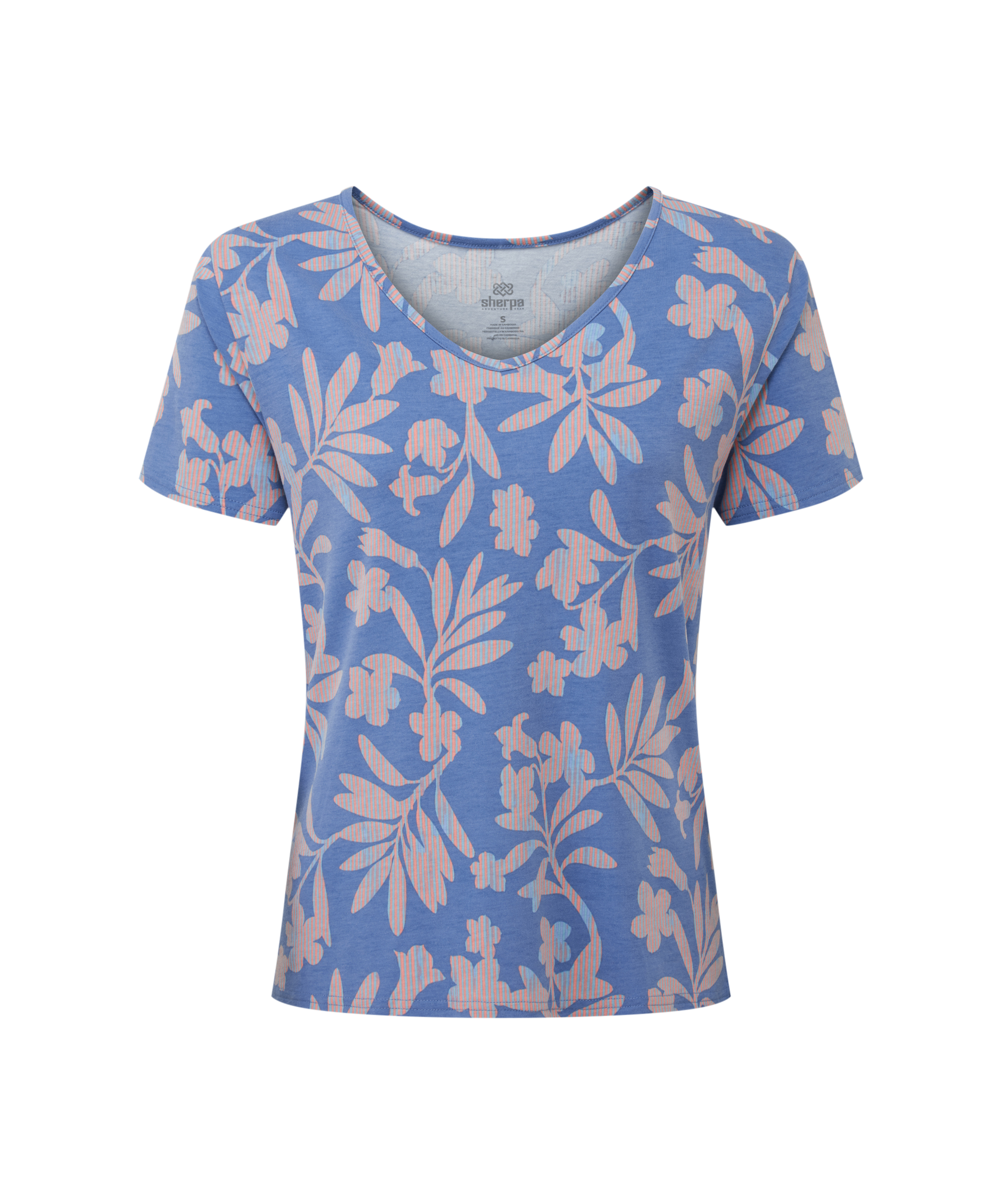 Women's blue t-shirt with yellow floral pattern on a white background