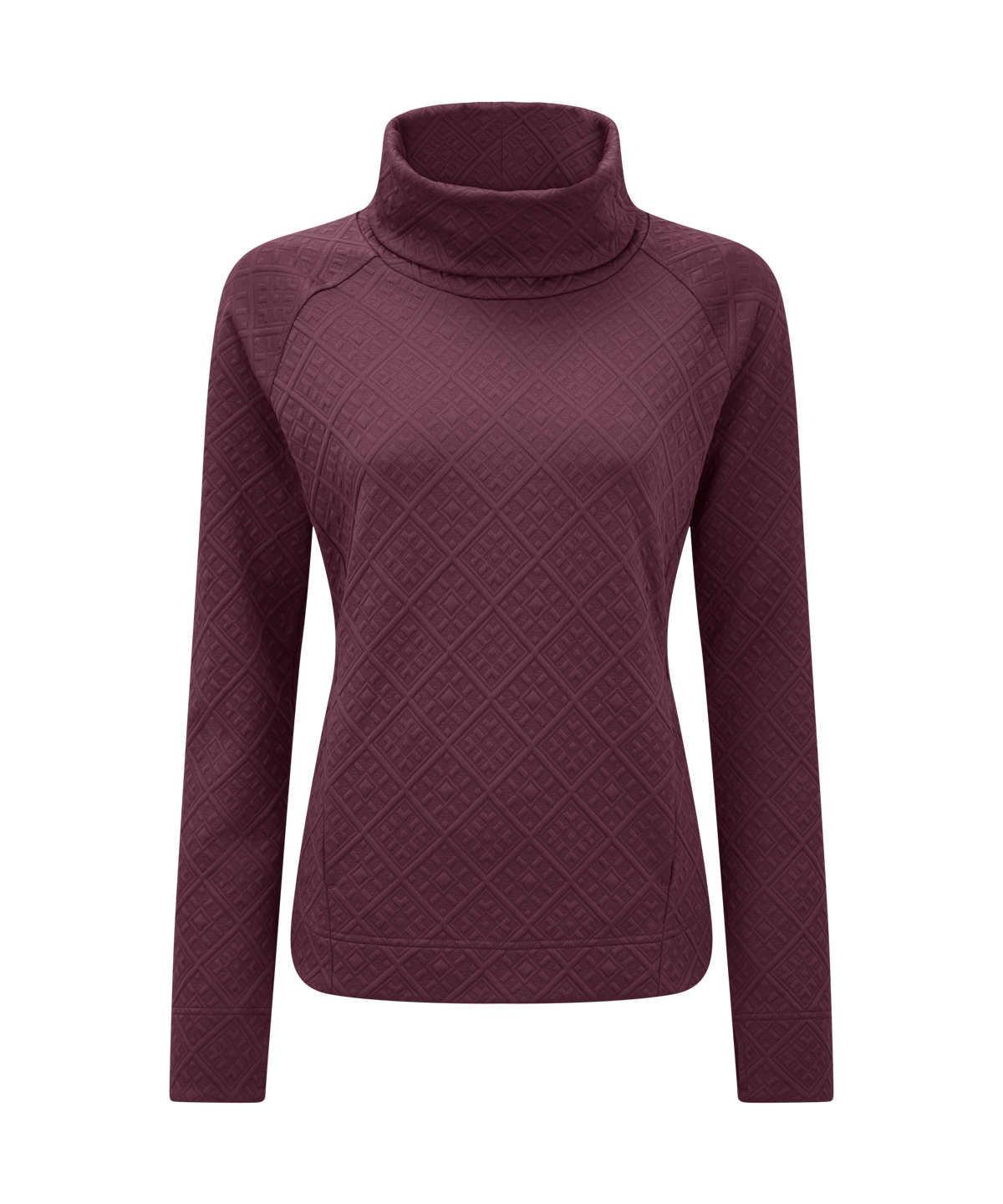 A women's long-sleeve turtleneck sweater in a purple, featuring a textured diamond quilted pattern.