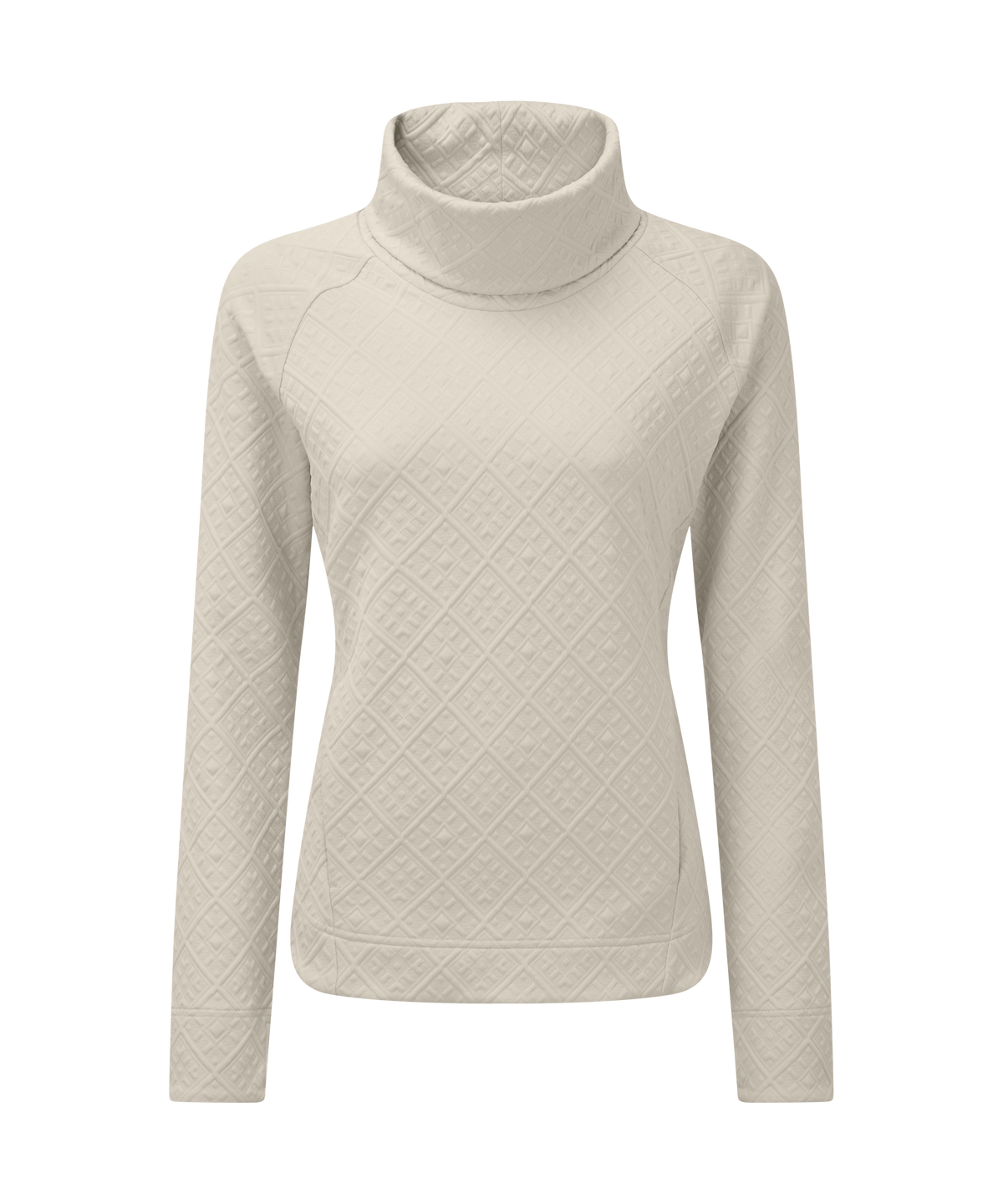 A long-sleeve turtleneck sweater in an off-white color, featuring a textured diamond-quilted pattern.