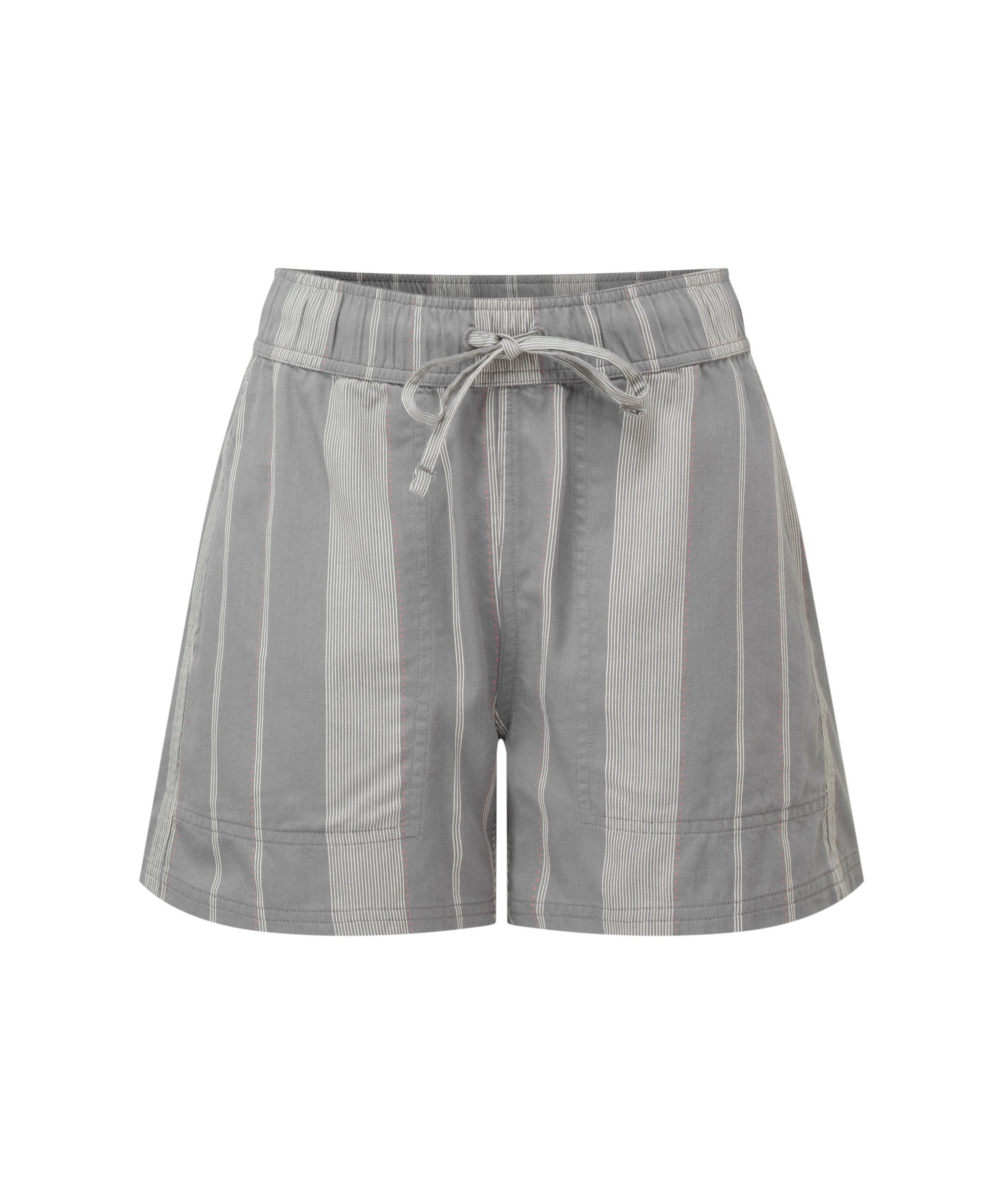 Women's grey and white striped shorts on a white background