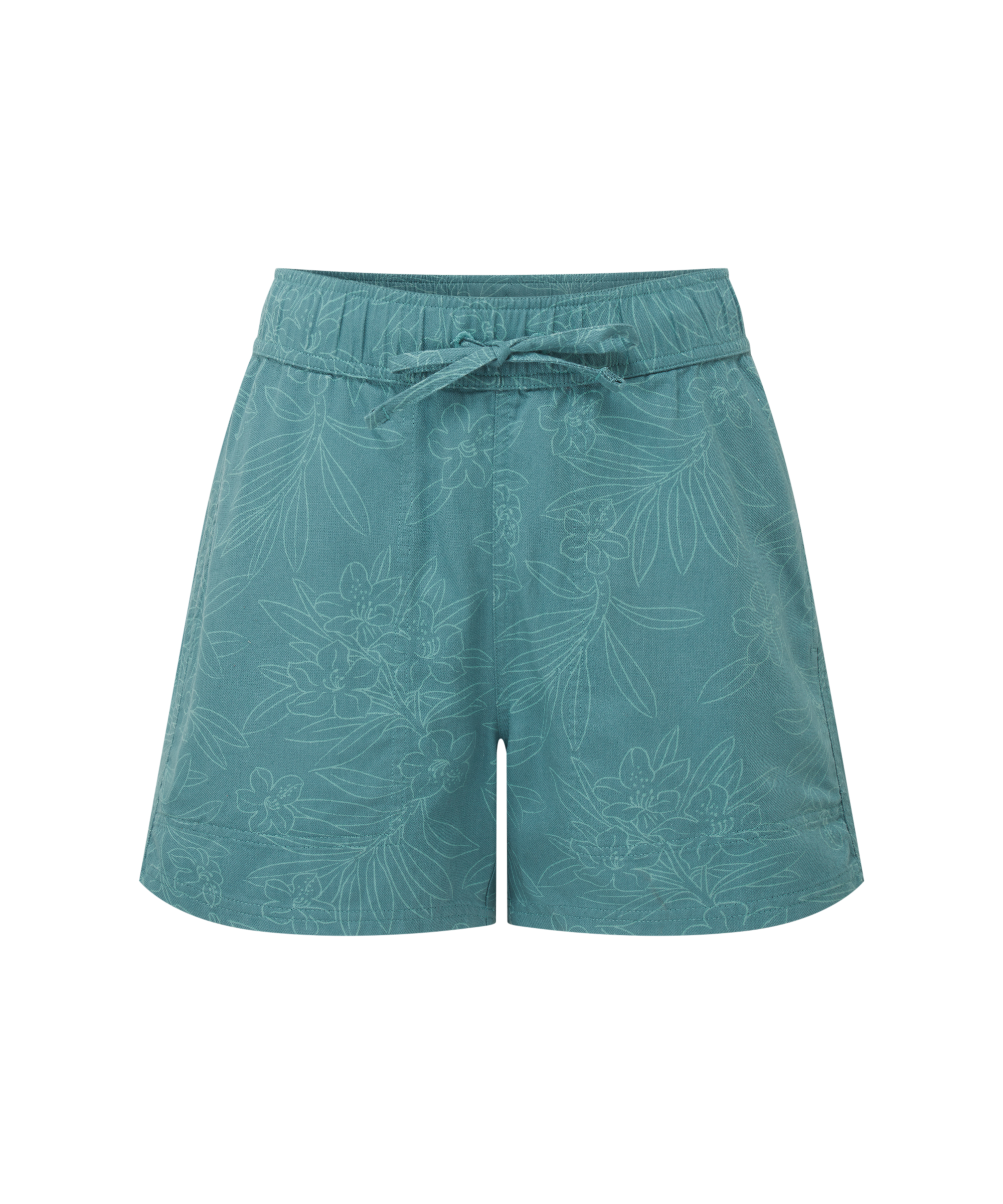 Women's teal shorts with a floral pattern on a white background