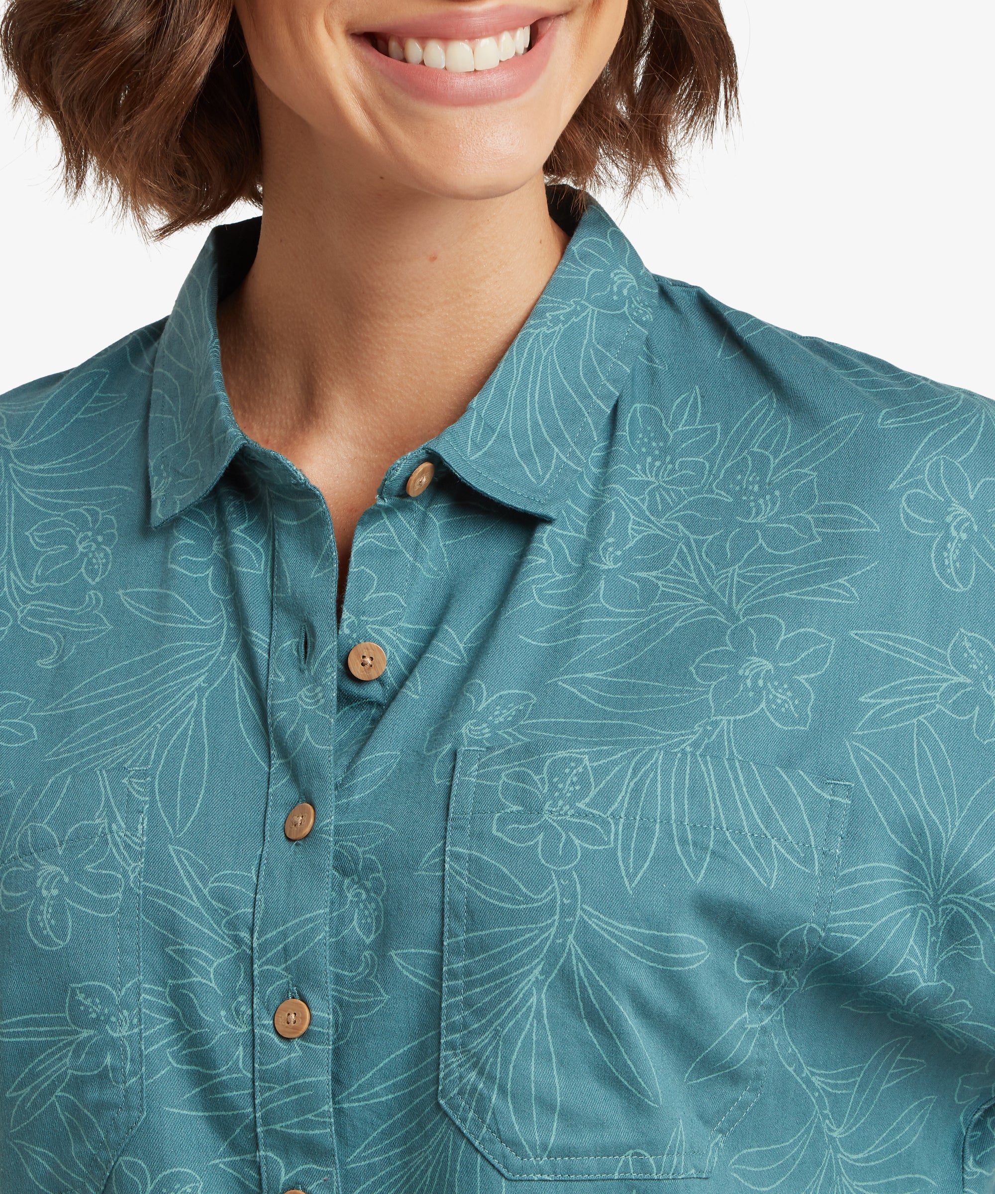 Palmo Short Sleeve Shirt - Hydra Floral teal button-down with white floral pattern