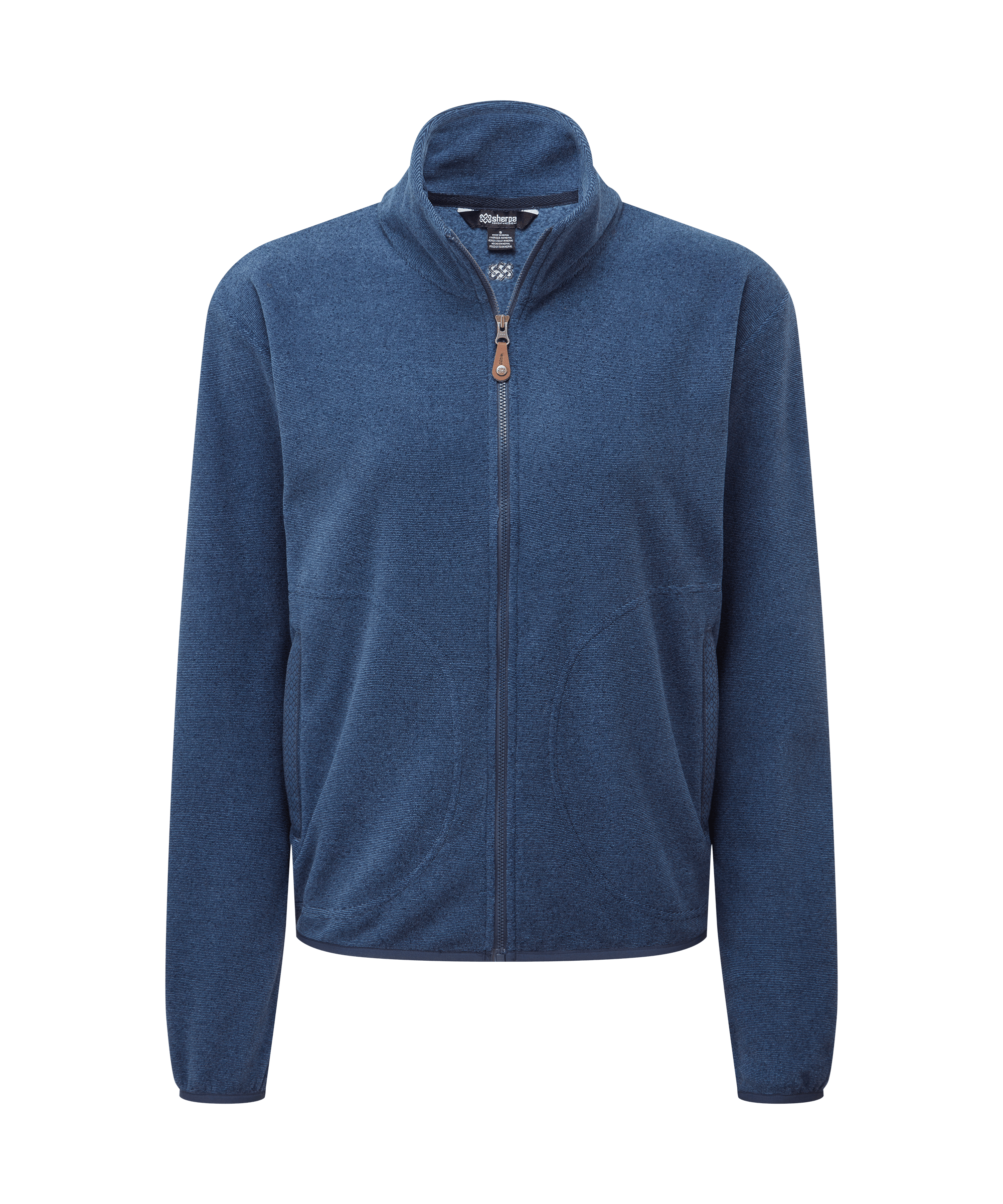 Front view of a women's Sherpa Adventure Gear Rolpa full-zip jacket in heather blue. Features soft fleece fabric, a full-zip front, stand collar, and long sleeves with a comfortable everyday fit.