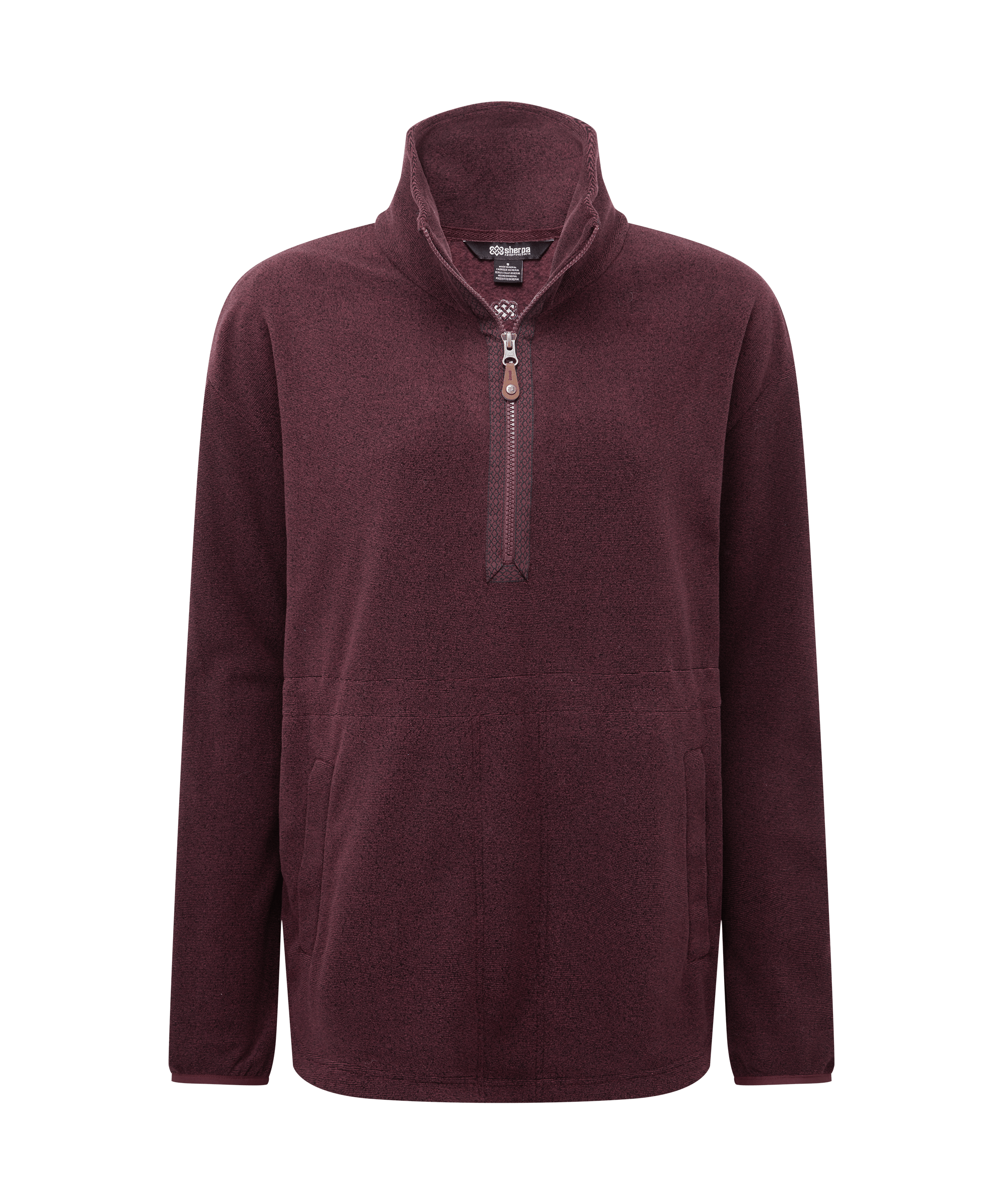 Front view of a women's Sherpa Adventure Gear Rolpa popover fleece in merlot red. Features a quarter-zip front, high stand collar, long sleeves, and a cozy fleece construction.