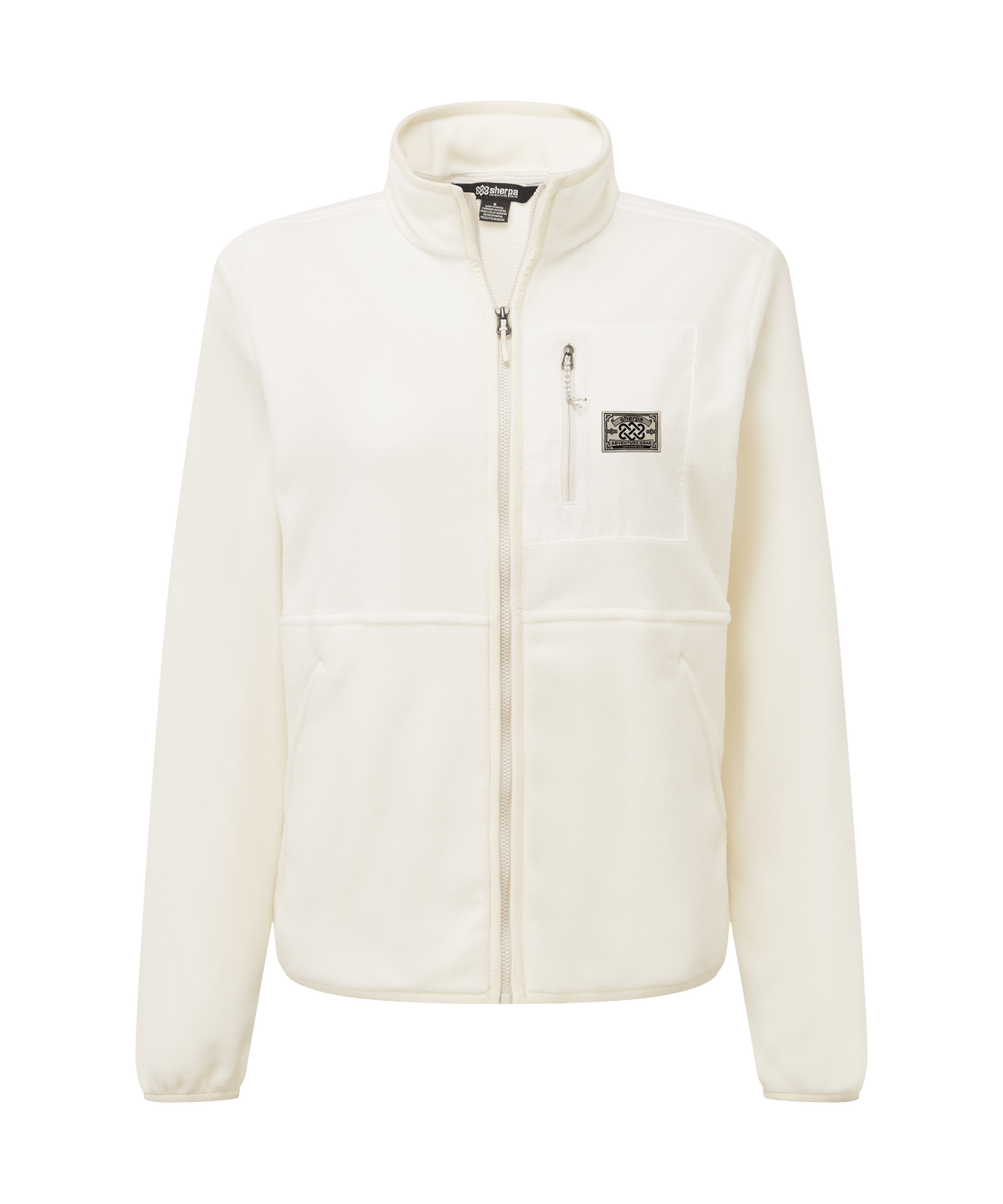 Front view of Sherpa Adventure Gear full-zip fleece jacket in soft ivory white.