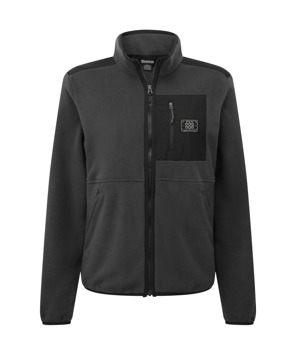 Front view of Sherpa Adventure Gear full-zip fleece jacket in classic black.