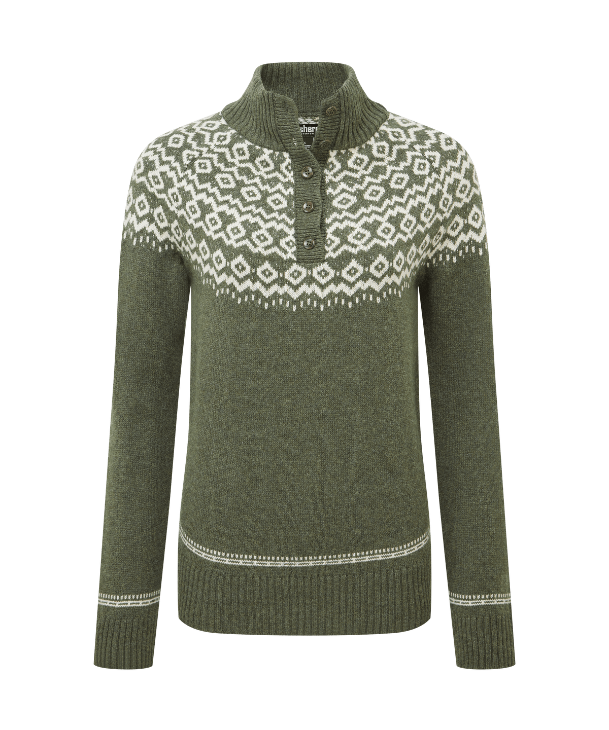 Front view of Sherpa Adventure Gear pullover sweater in heather olive green.