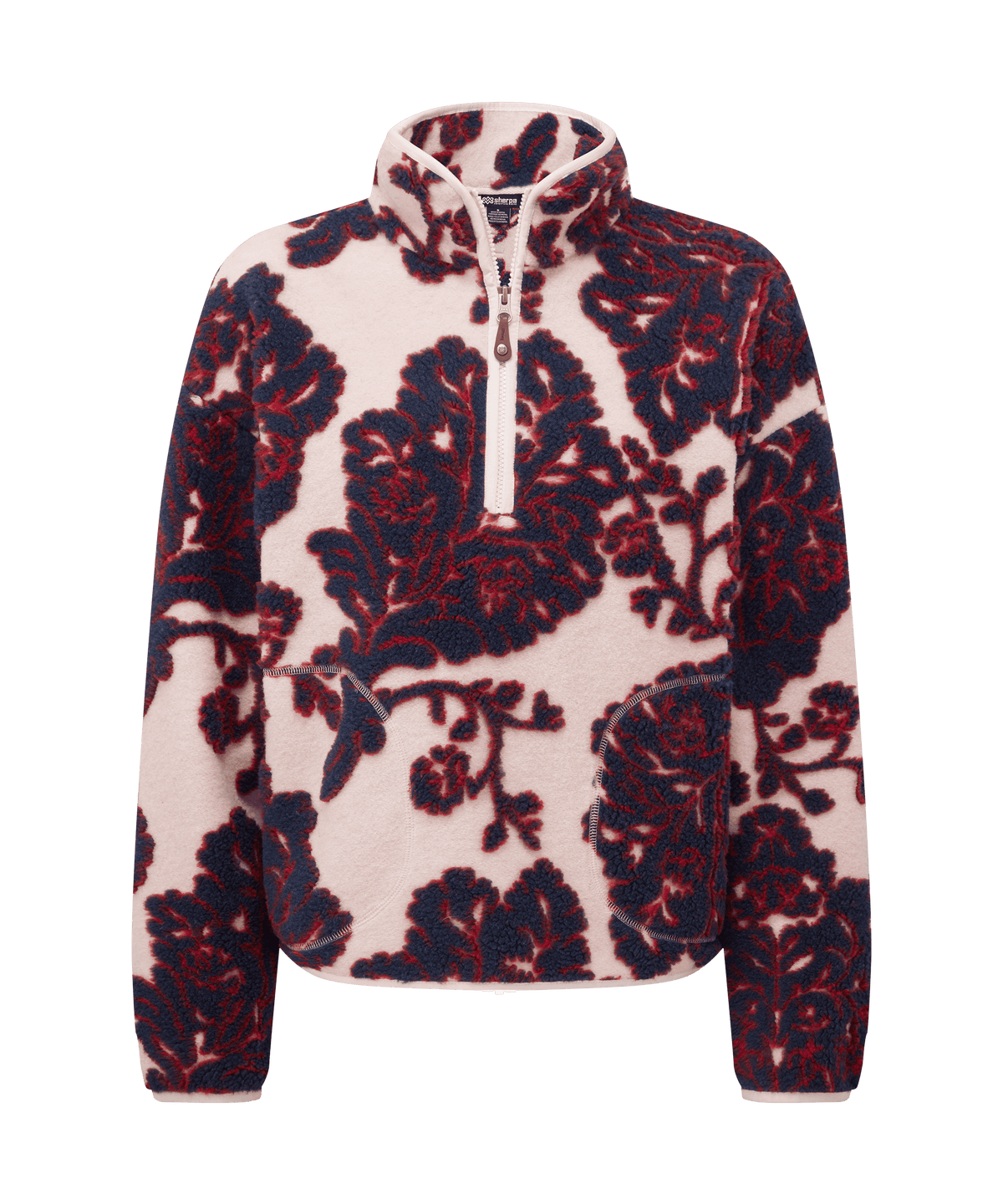 Sherpa Adventure Gear quarter-zip sweater in cream white with bold floral-inspired artwork.