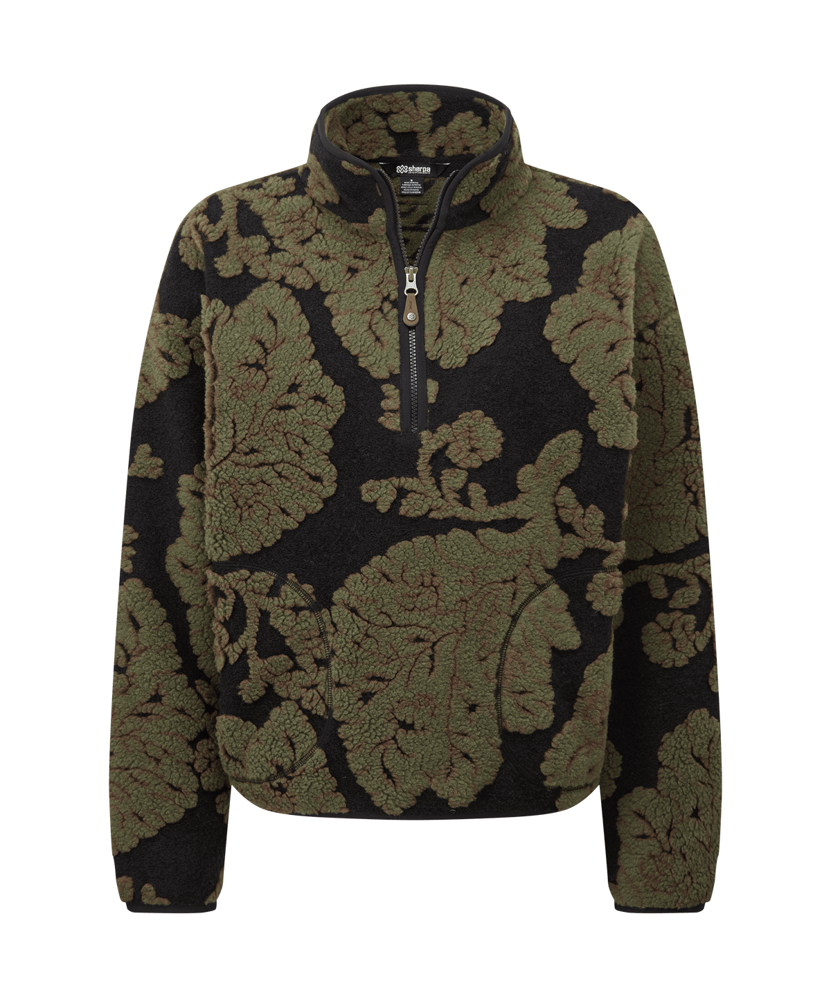 Front view of Sherpa Adventure Gear quarter-zip sweater in olive green and black.