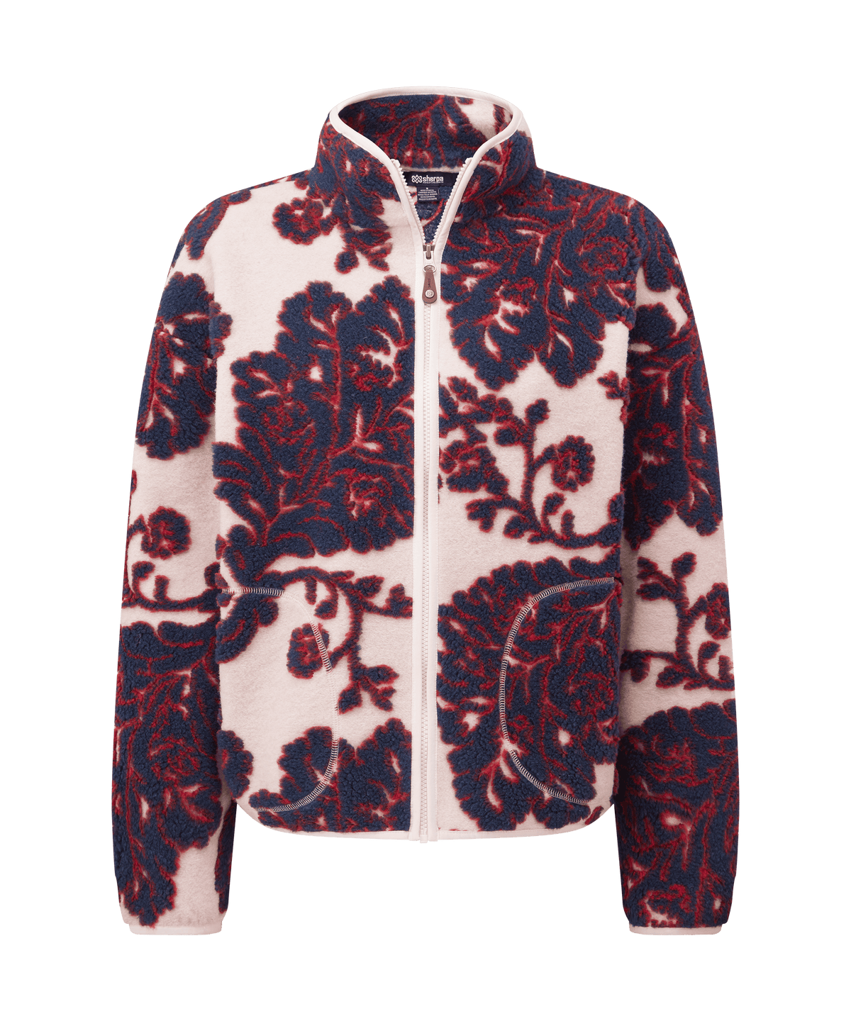Sherpa Adventure Gear full-zip fleece jacket in cream white with deep red floral artwork.