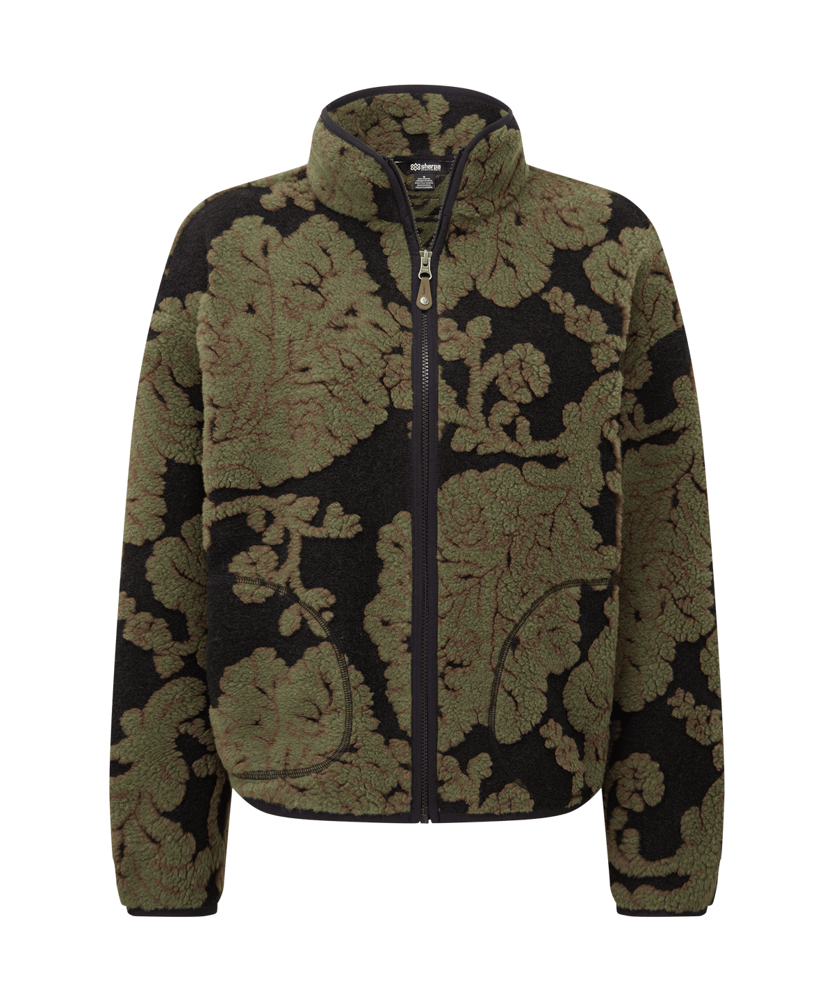 Front view of Sherpa Adventure Gear full-zip fleece jacket in olive green and black.