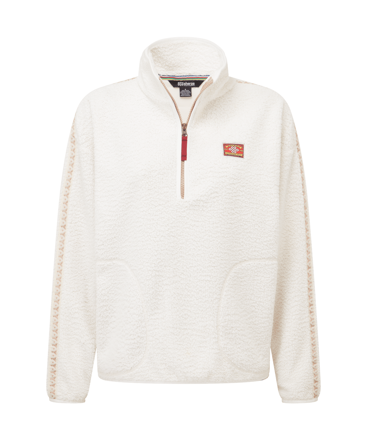 Front view of Sherpa Adventure Gear quarter-zip fleece pullover in soft ivory white.