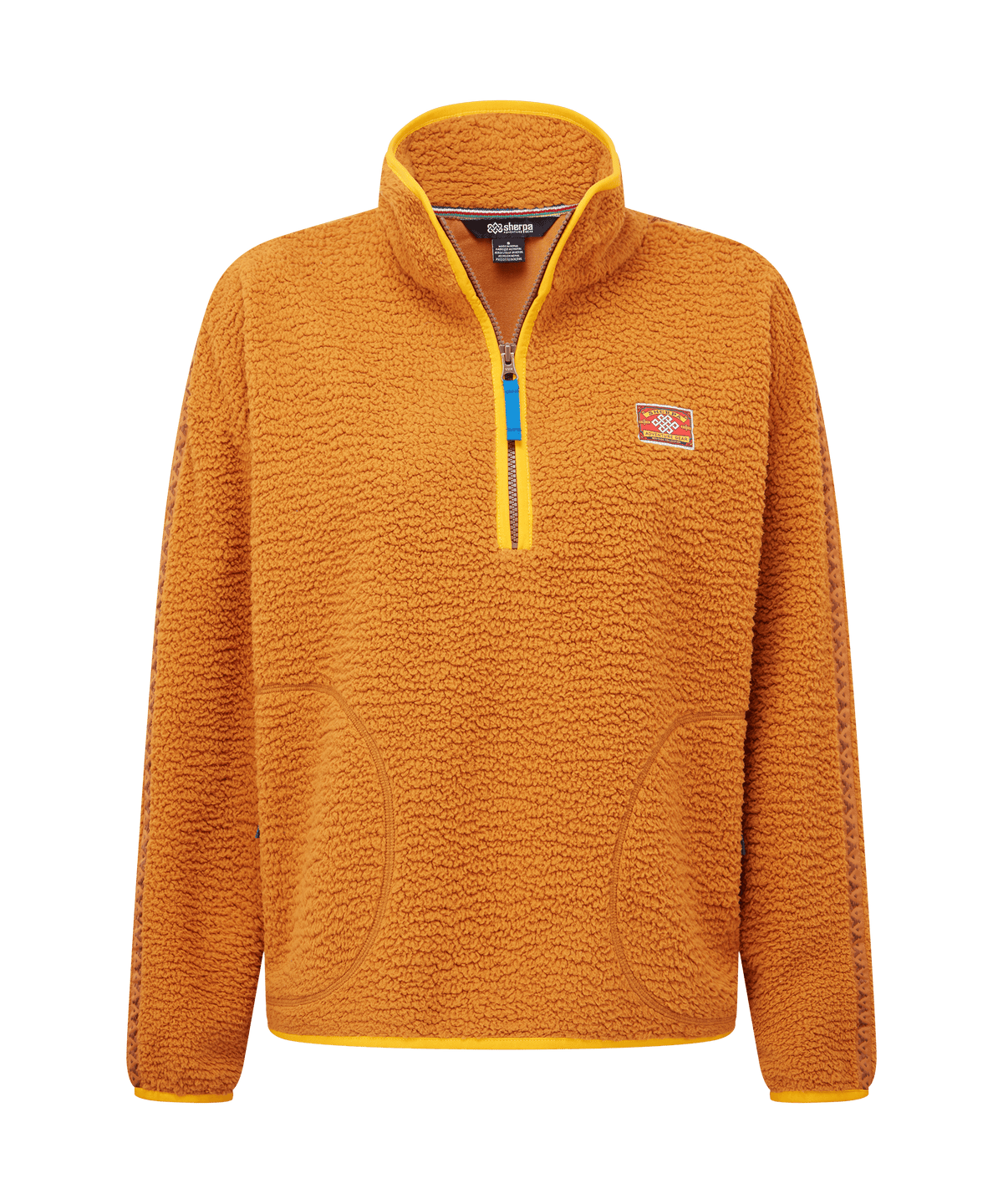 Front view of Sherpa Adventure Gear quarter-zip fleece pullover in vibrant golden orange.