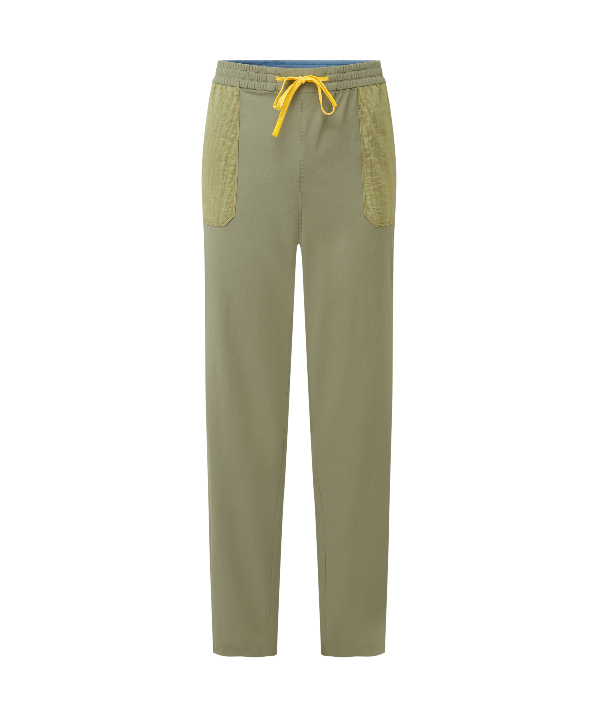 Women's green cargo pants with yellow drawstring on a white background