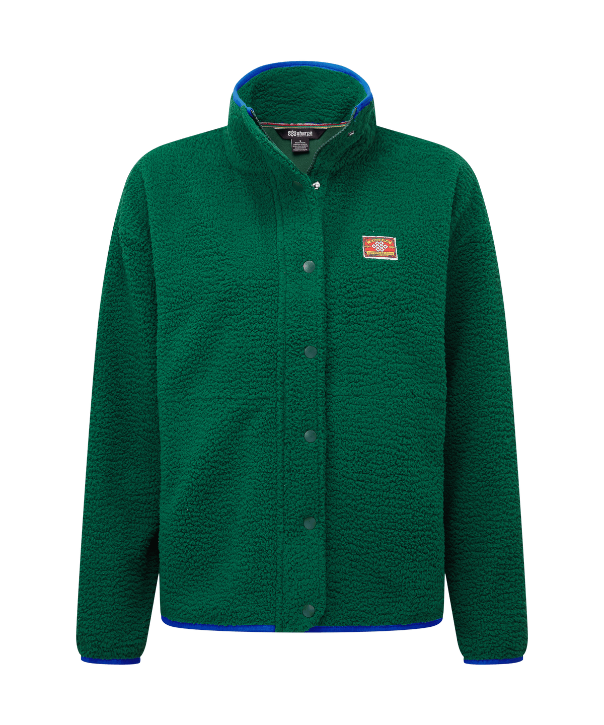Front view of Sherpa Adventure Gear full-zip fleece jacket in deep forest green.
