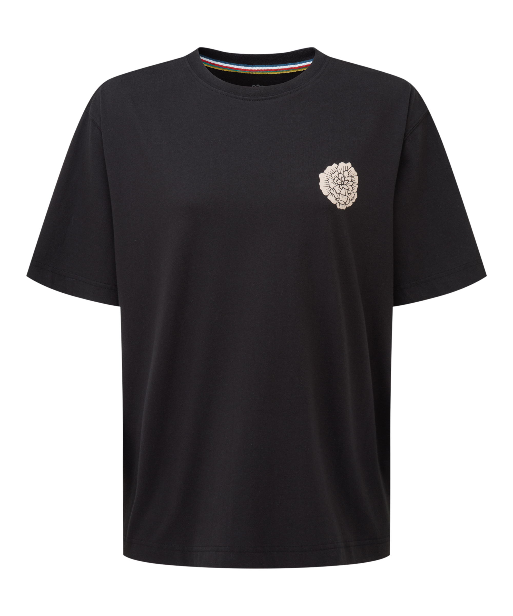 Women's black t-shirt with a small decorative flower emblem on a white background