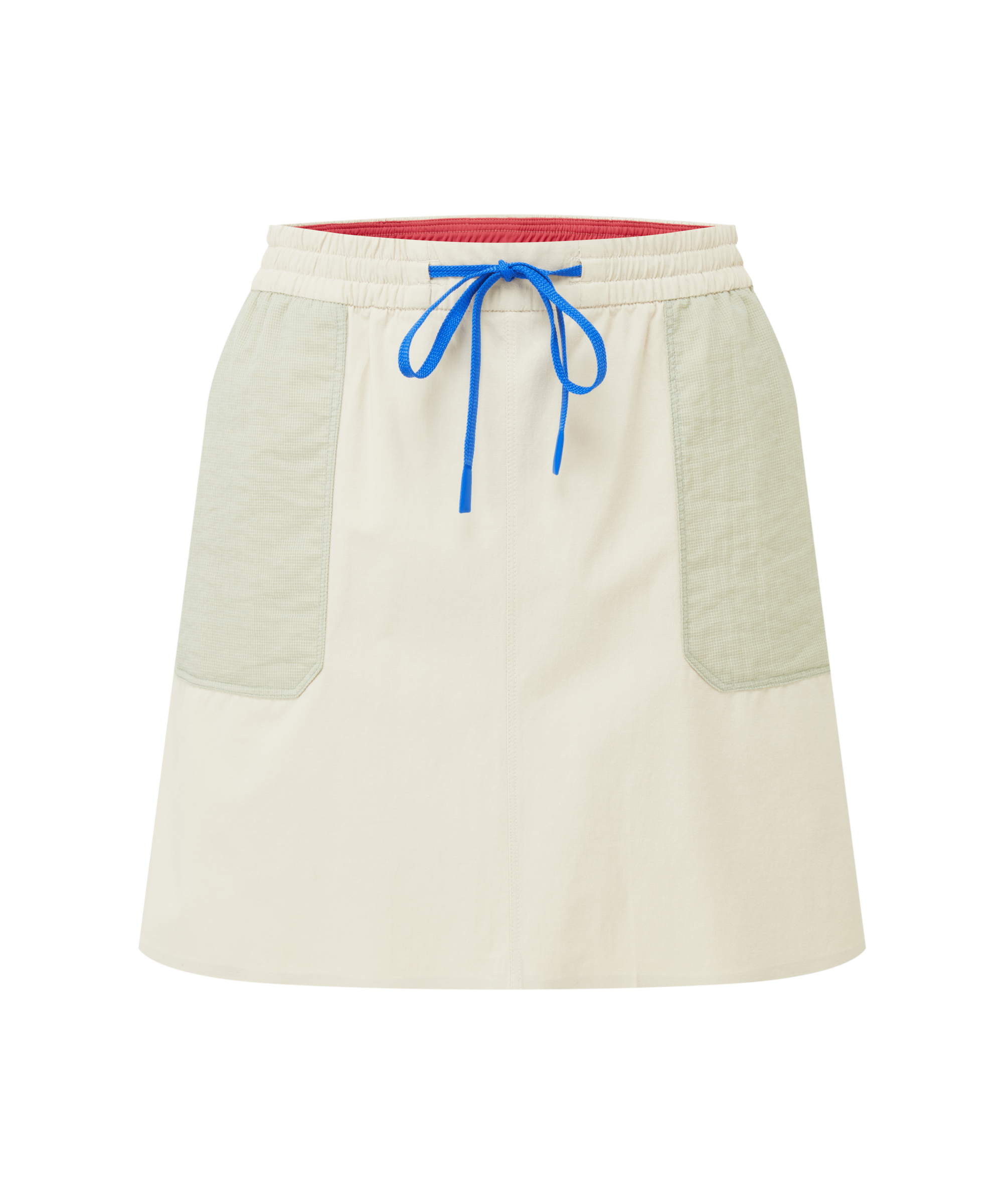 Women's beige skirt with green pocket and blue drawstring on a white background