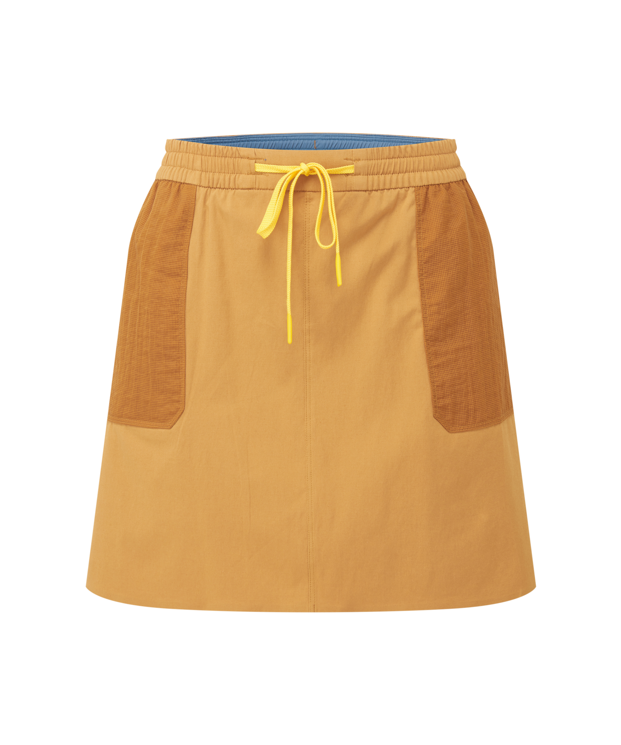 Women's yellow skirt with brown pockets on a white background