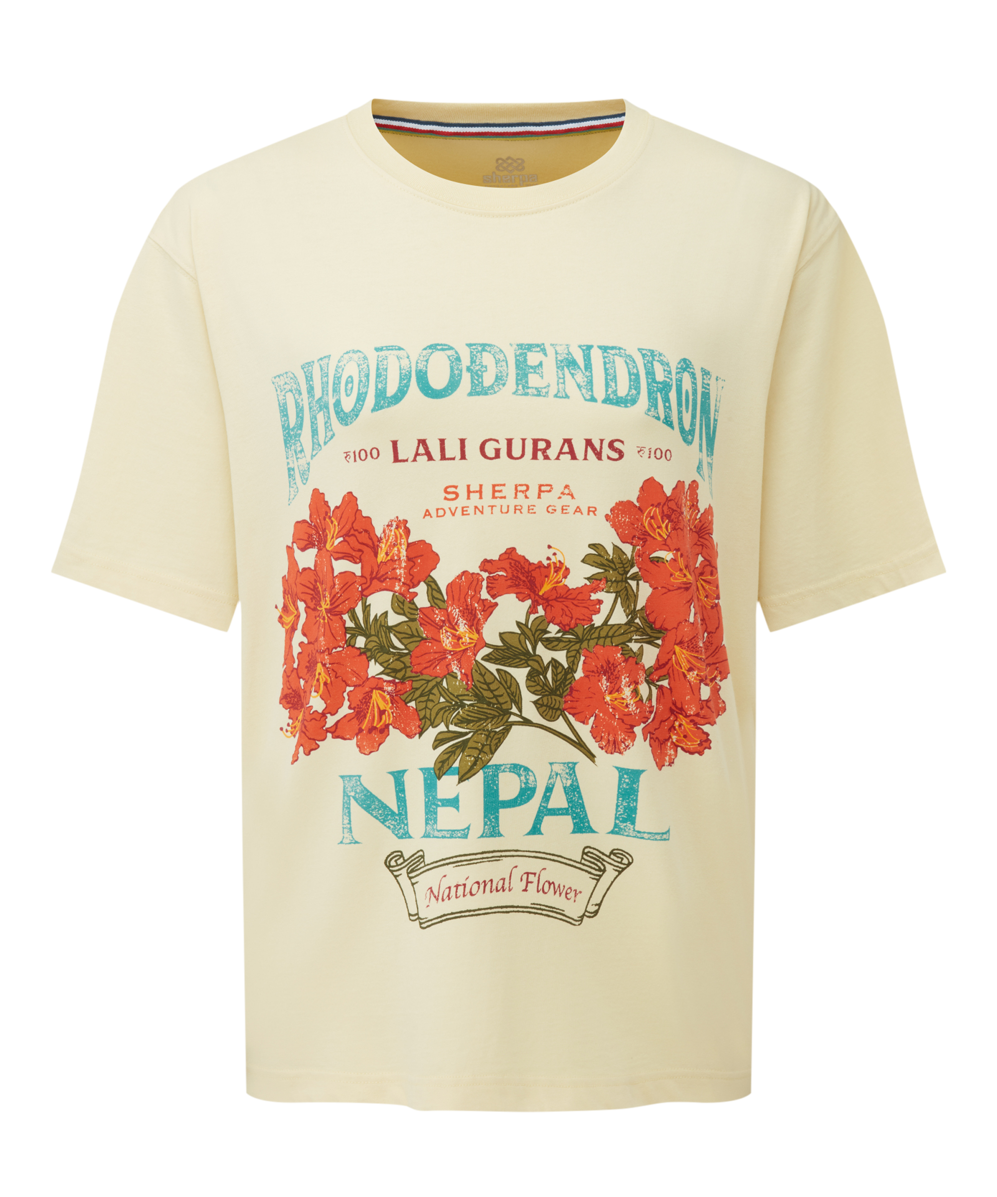 Beiges Damen-T-Shirt mit Blumenmuster und dem Schriftzug ãRhododendronÓ oben auf wei§em Hintergrund