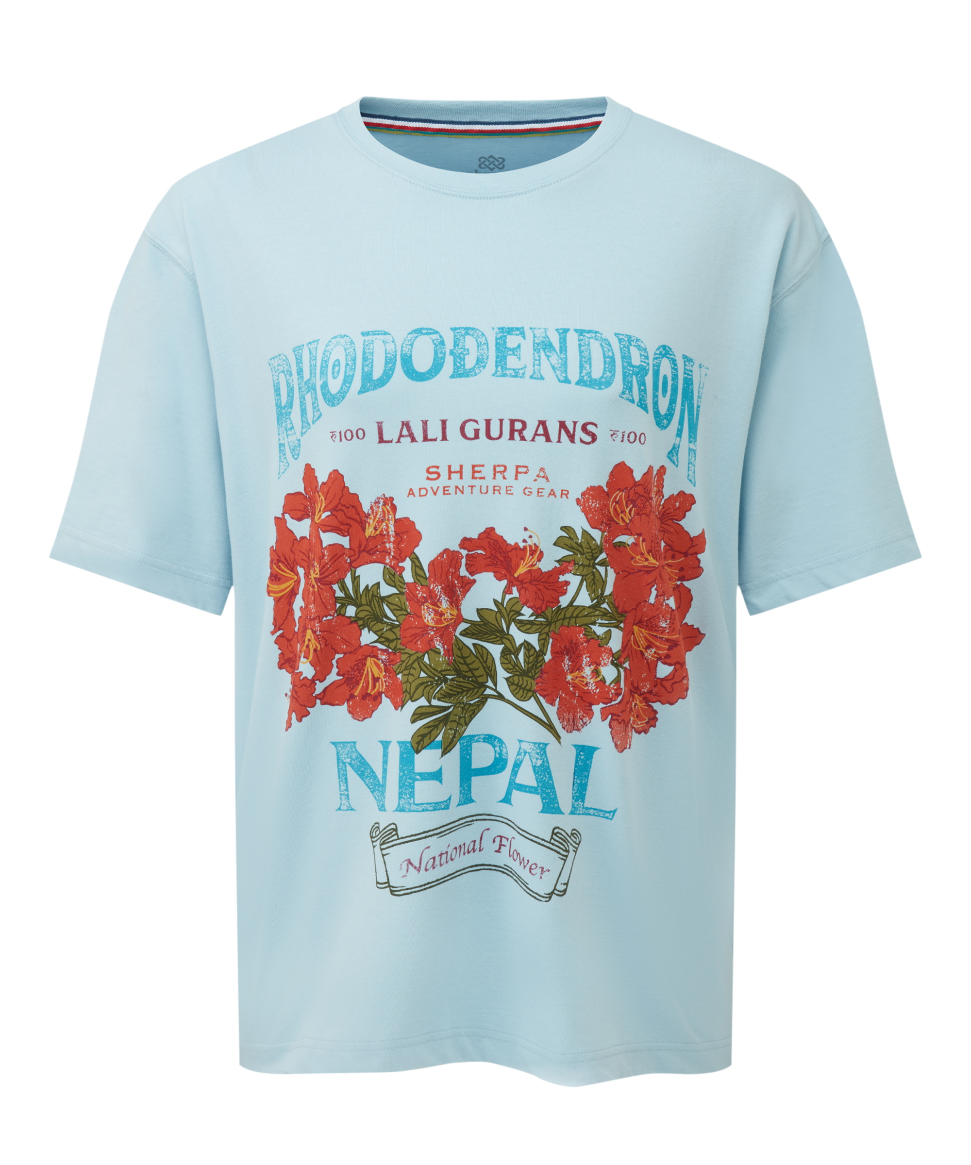 Hellblaues Damen-T-Shirt mit rotem Blumenmuster und dem Aufdruck ãRhododendronÓ oben auf wei§em Hintergrund