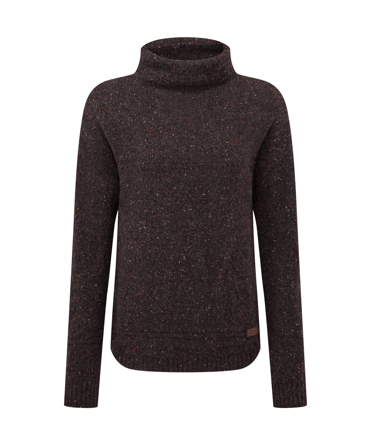 Front view of Sherpa Adventure Gear turtleneck sweater in rich charcoal black.