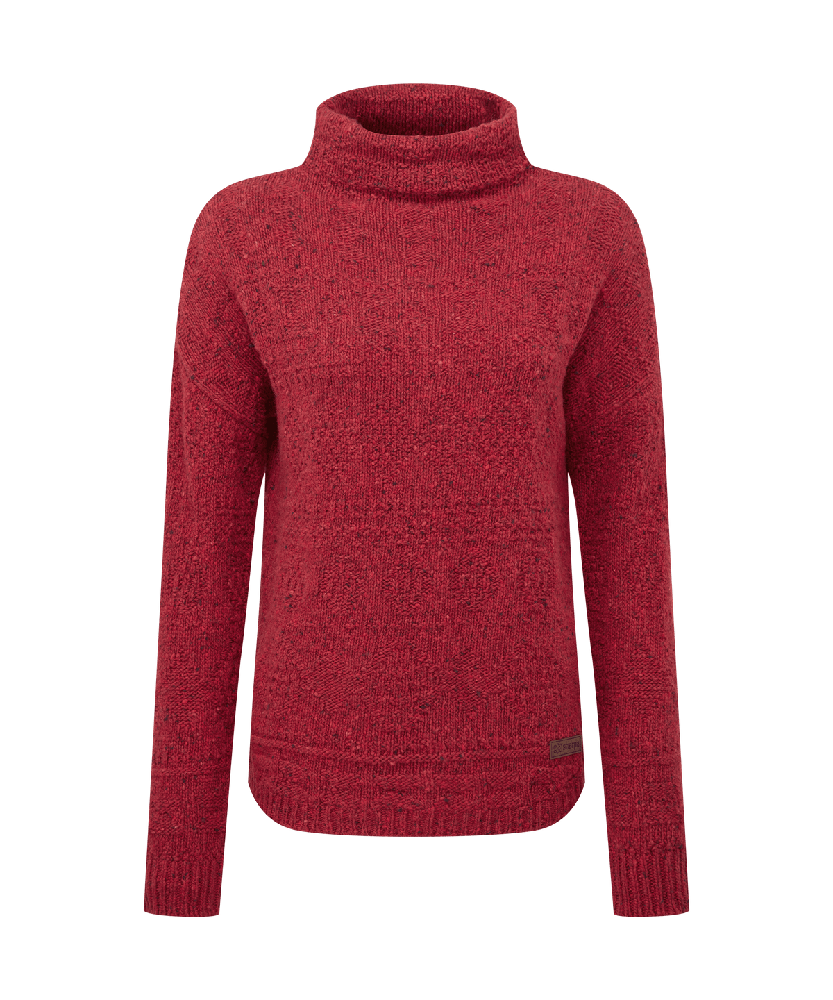 Front view of Sherpa Adventure Gear turtleneck sweater in vibrant heather red.