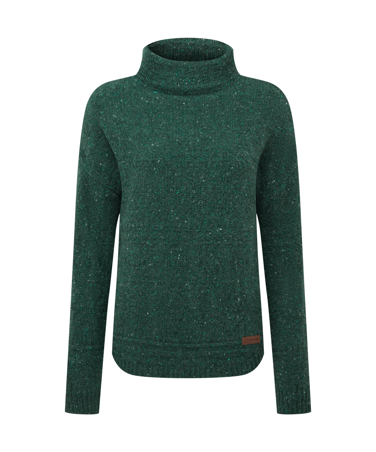 Front view of Sherpa Adventure Gear turtleneck sweater in deep forest green.
