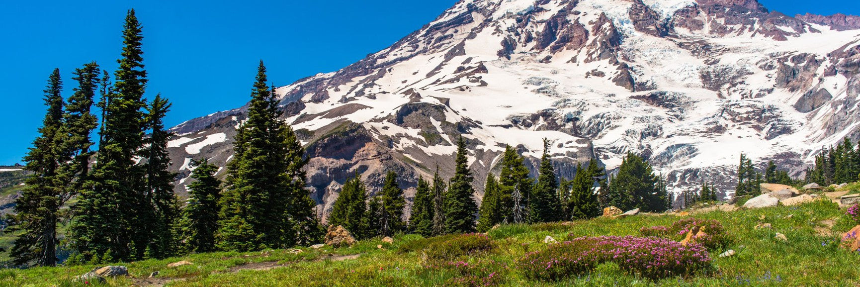 Snow-capped Mount Rainier peak with rocky slopes against blue sky