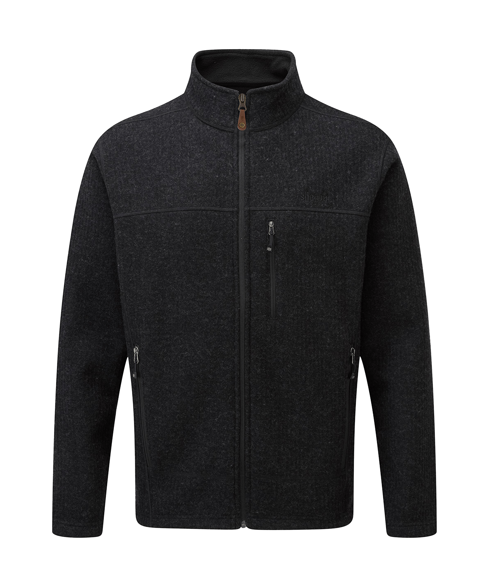 A black full zip fleece jacket on a white background