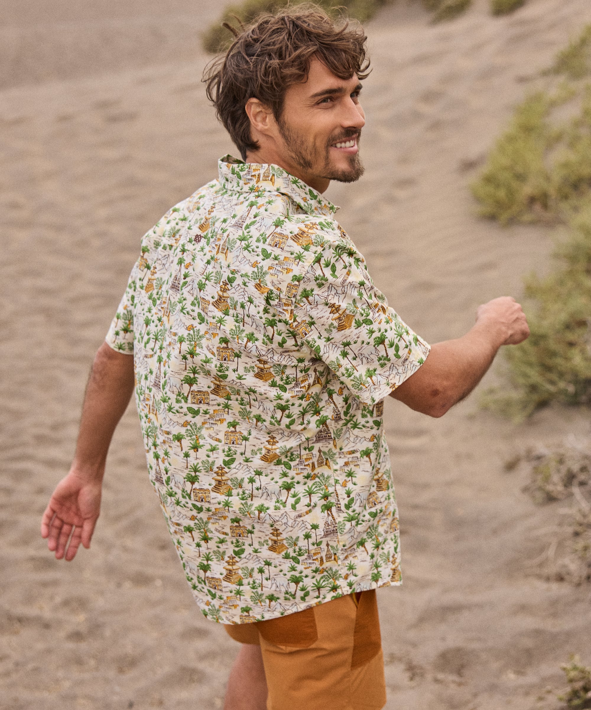 Ravi Short Sleeve Shirt - Multi with tropical island print on cream background