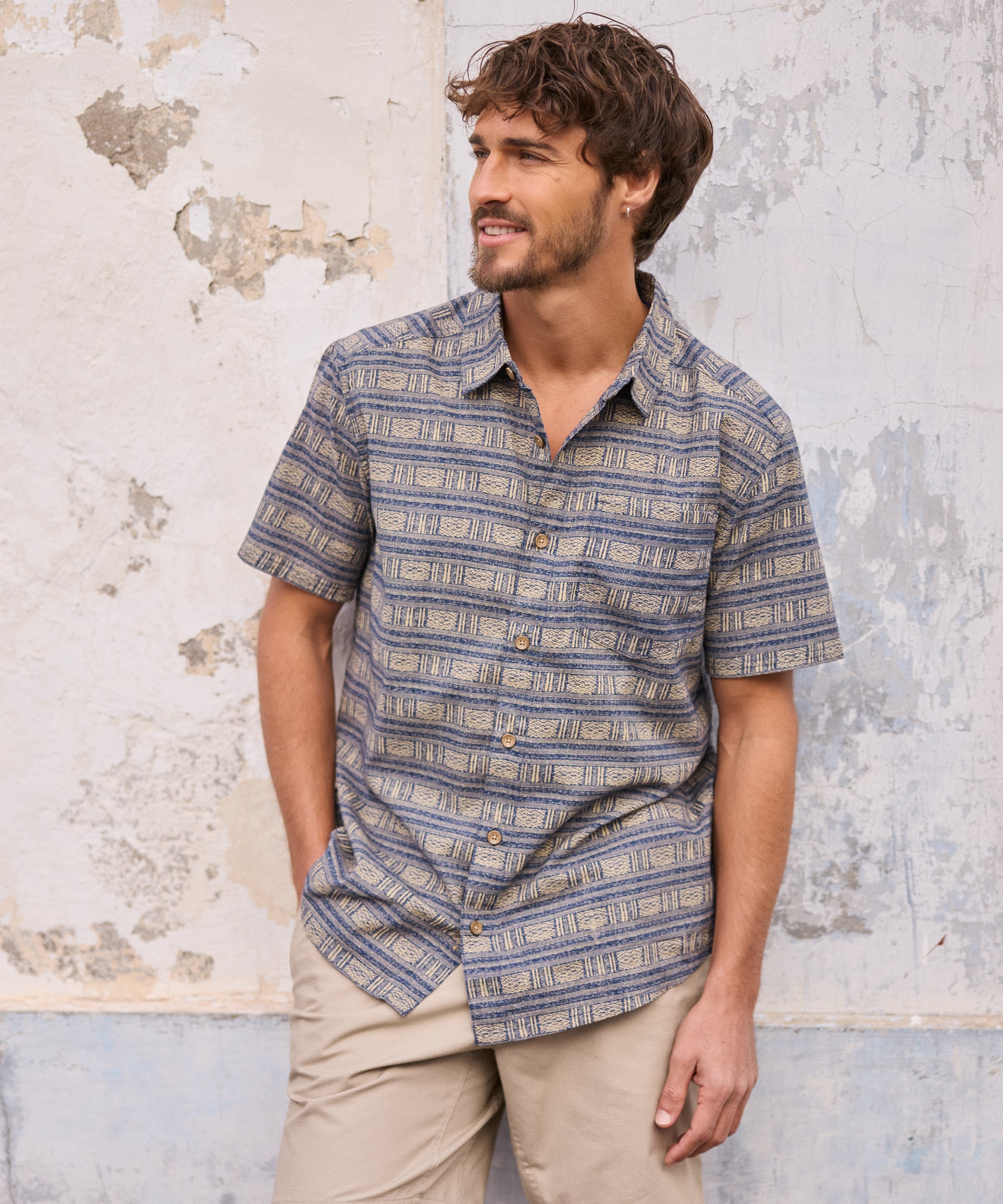 Khumbu Weave Short Sleeve Rathee Blue shirt geometric pattern front
