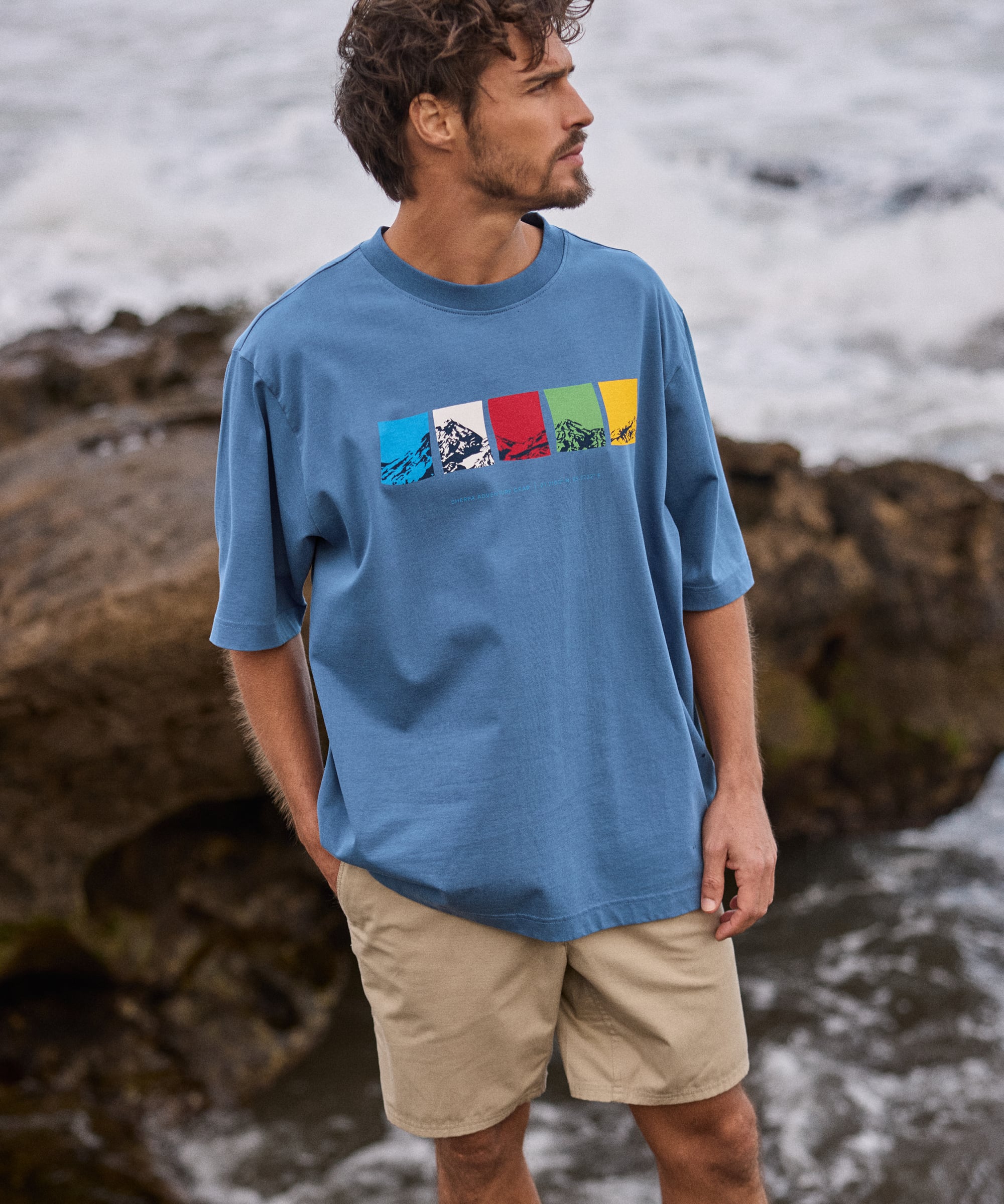 Tarcho Mountain T-Shirt - Vintage Blue with colorful mountain graphic