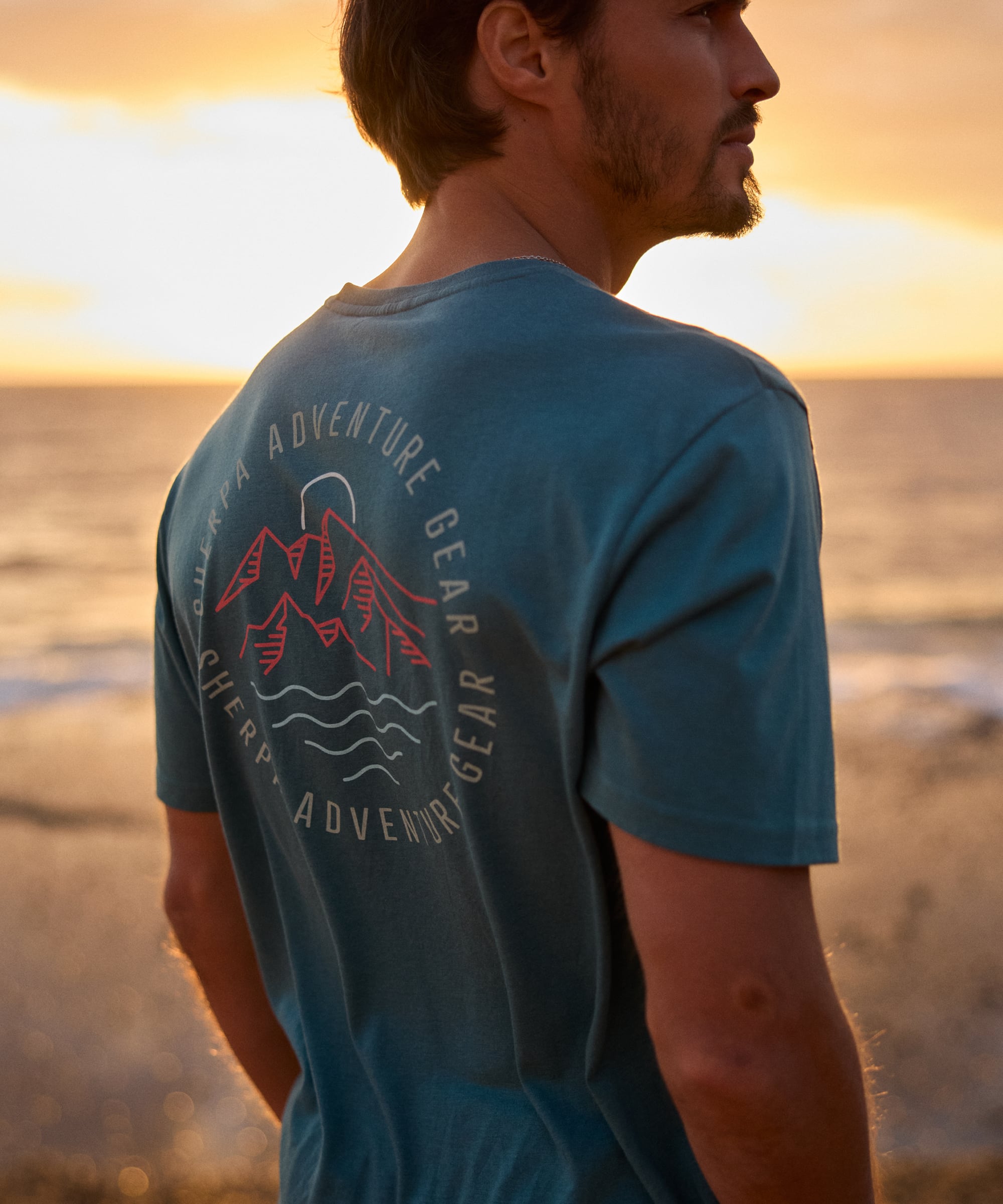 Bali Circle T-Shirt - Hydra in teal with cherry adventure gear mountains graphic