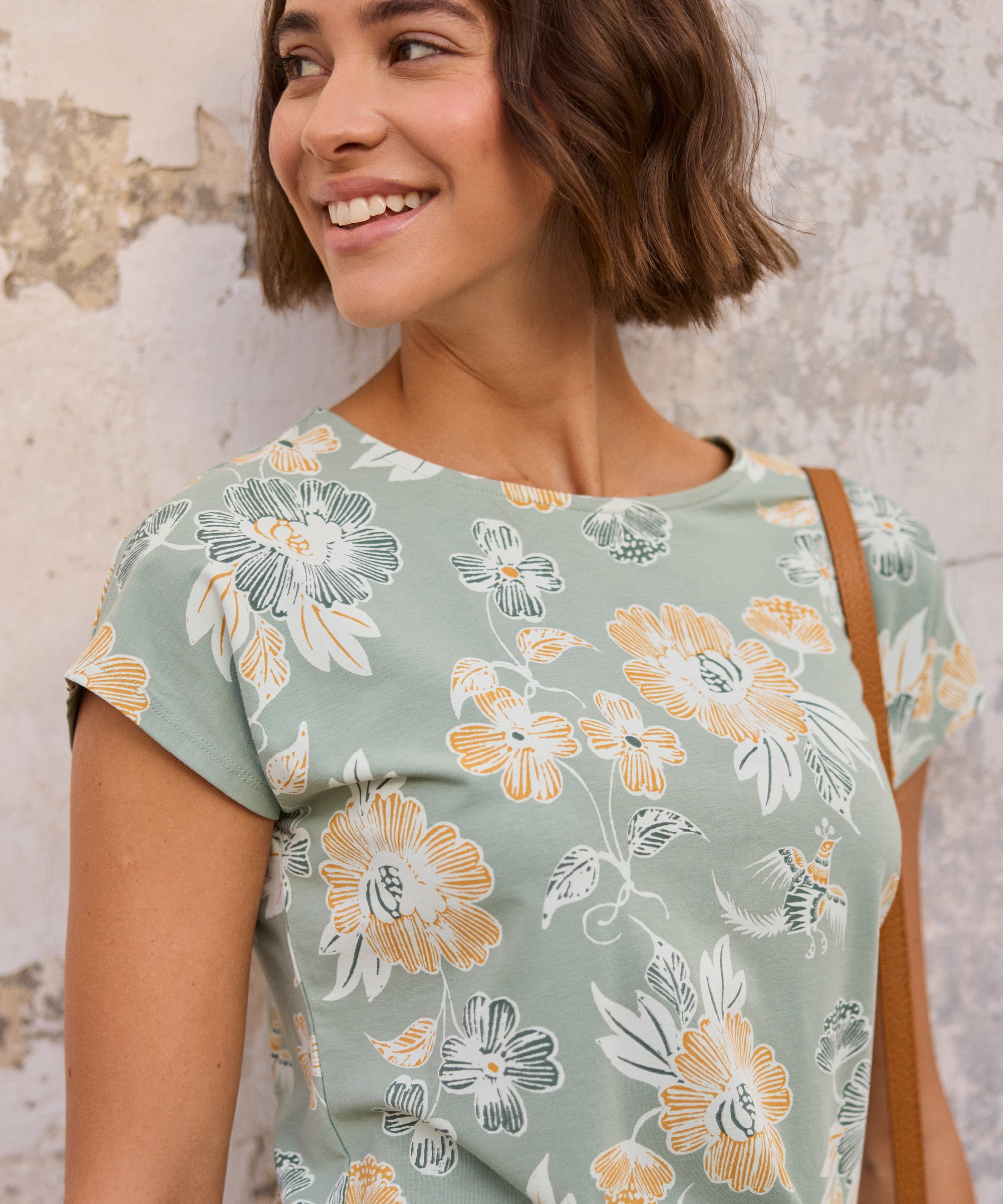 Neha T-Shirt - Celery Floral sage green short-sleeved top with floral pattern