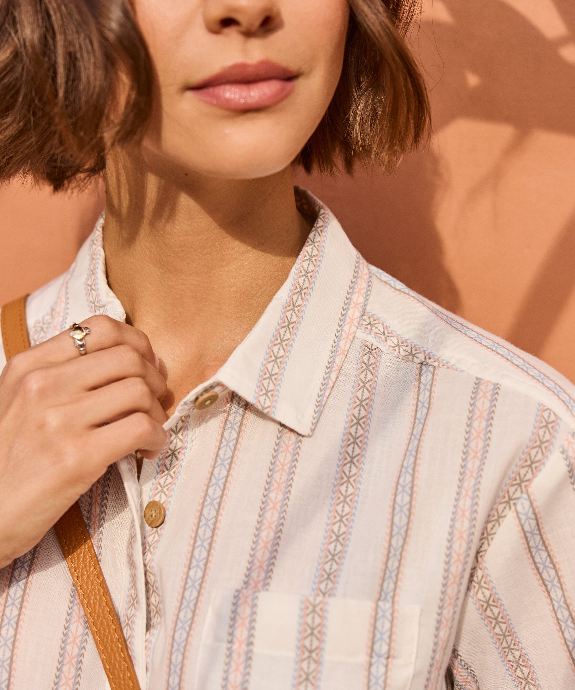 Jaya Camp Shirt in Katha Patti Stripe with pastel pink blue stripes embroidery