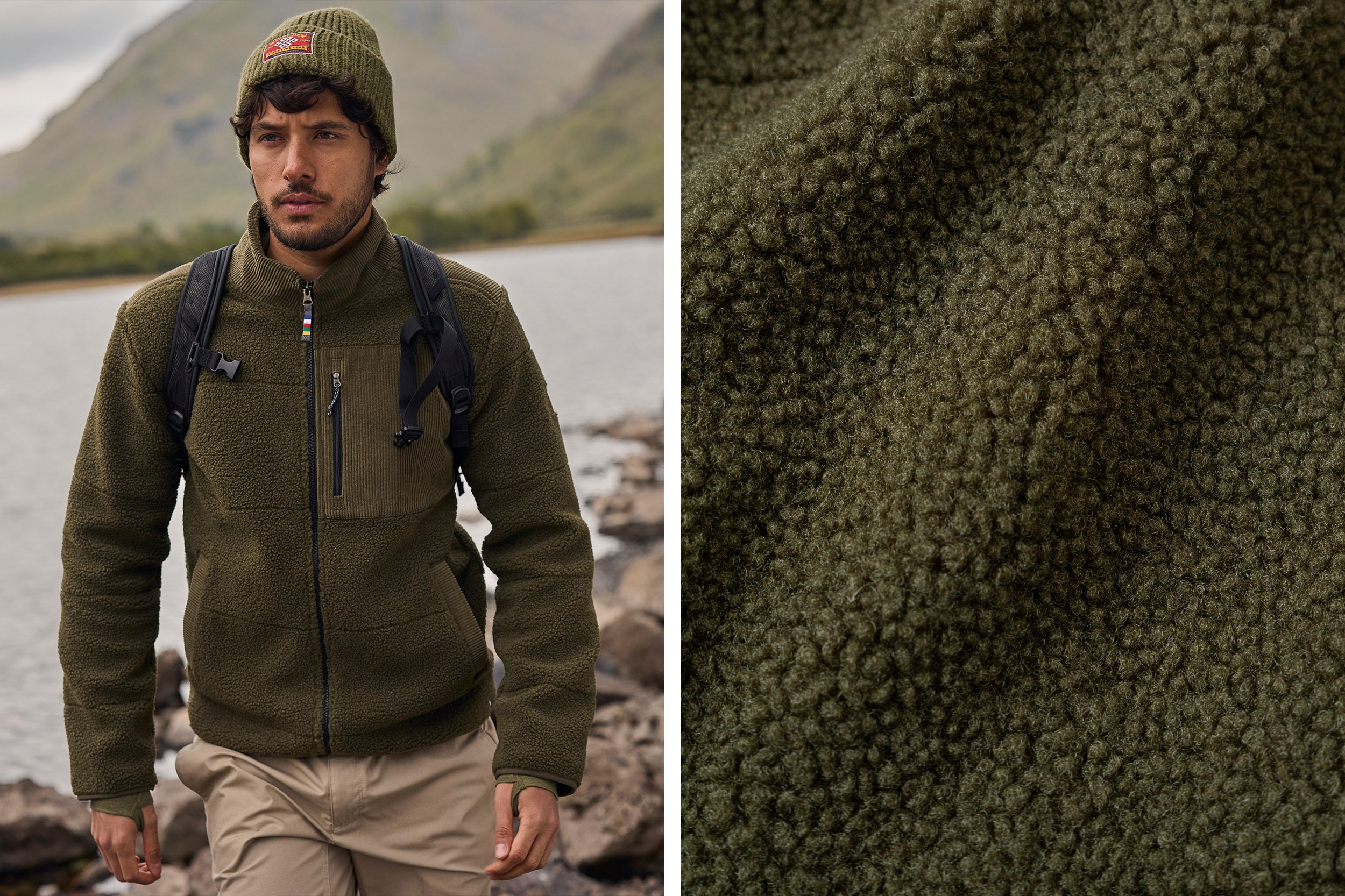 A image split into wo halves. On the left is an image of a man in a thick green fleece and knitted hat walking besides a lake. On the right is a close up of the fleece material.