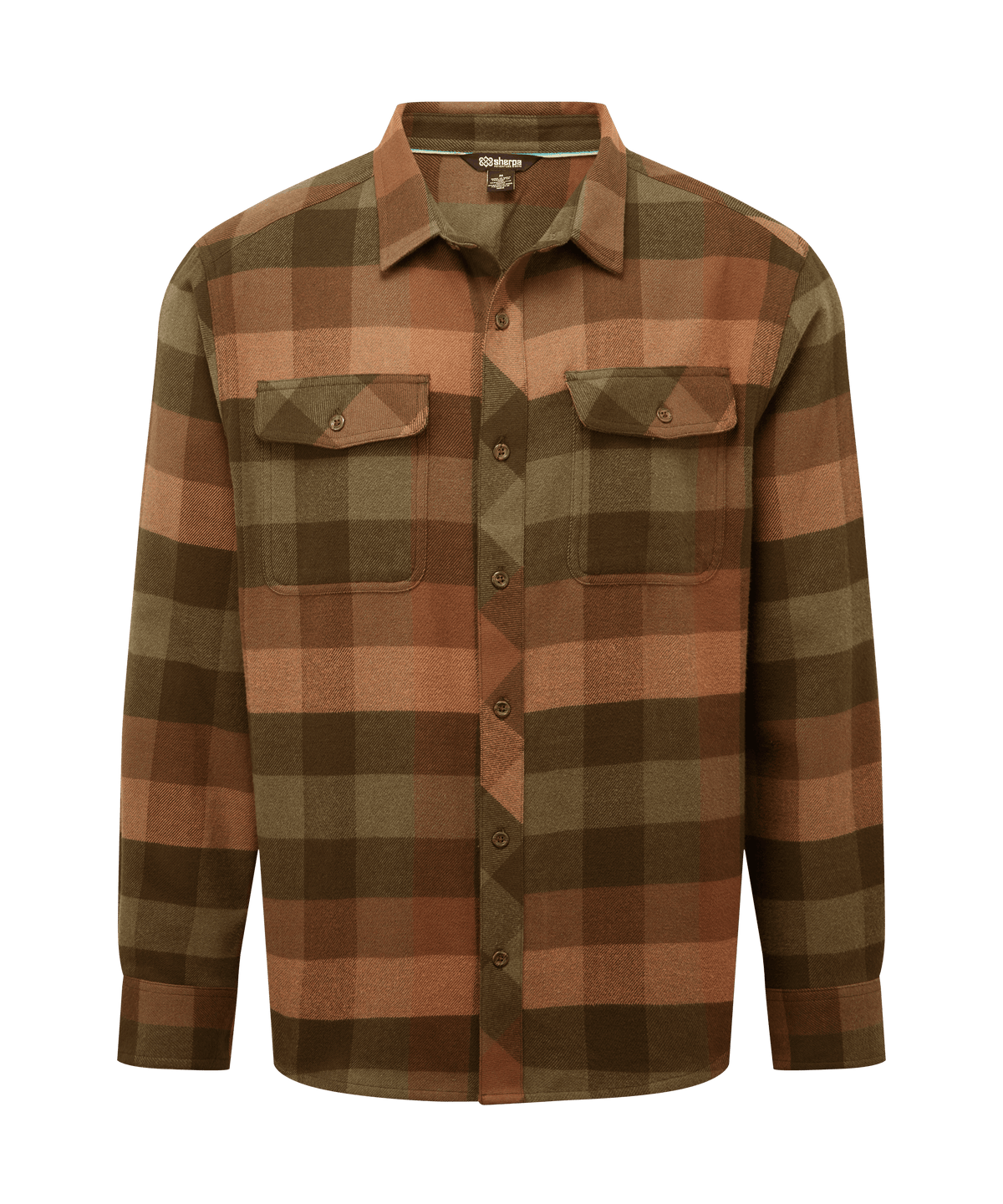 Sherpa Choego button-up flannel shirt, earthy brown and green plaid, twin chest pockets