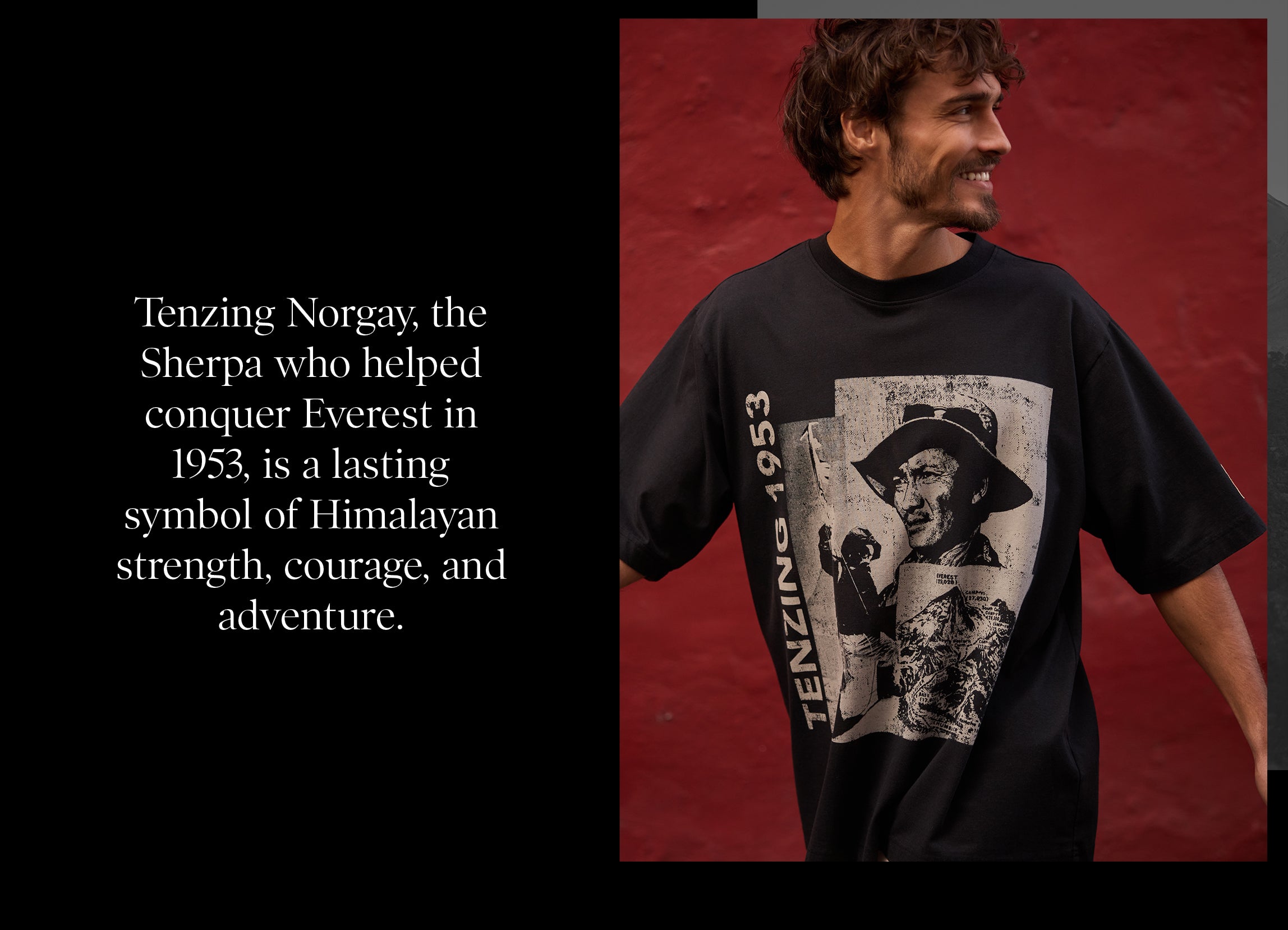 A man walking down a Spanish street. He is is wearing a black T-Shirt depicting Tenzing Norgay. He is smiling and looking over his shoulder behind him.