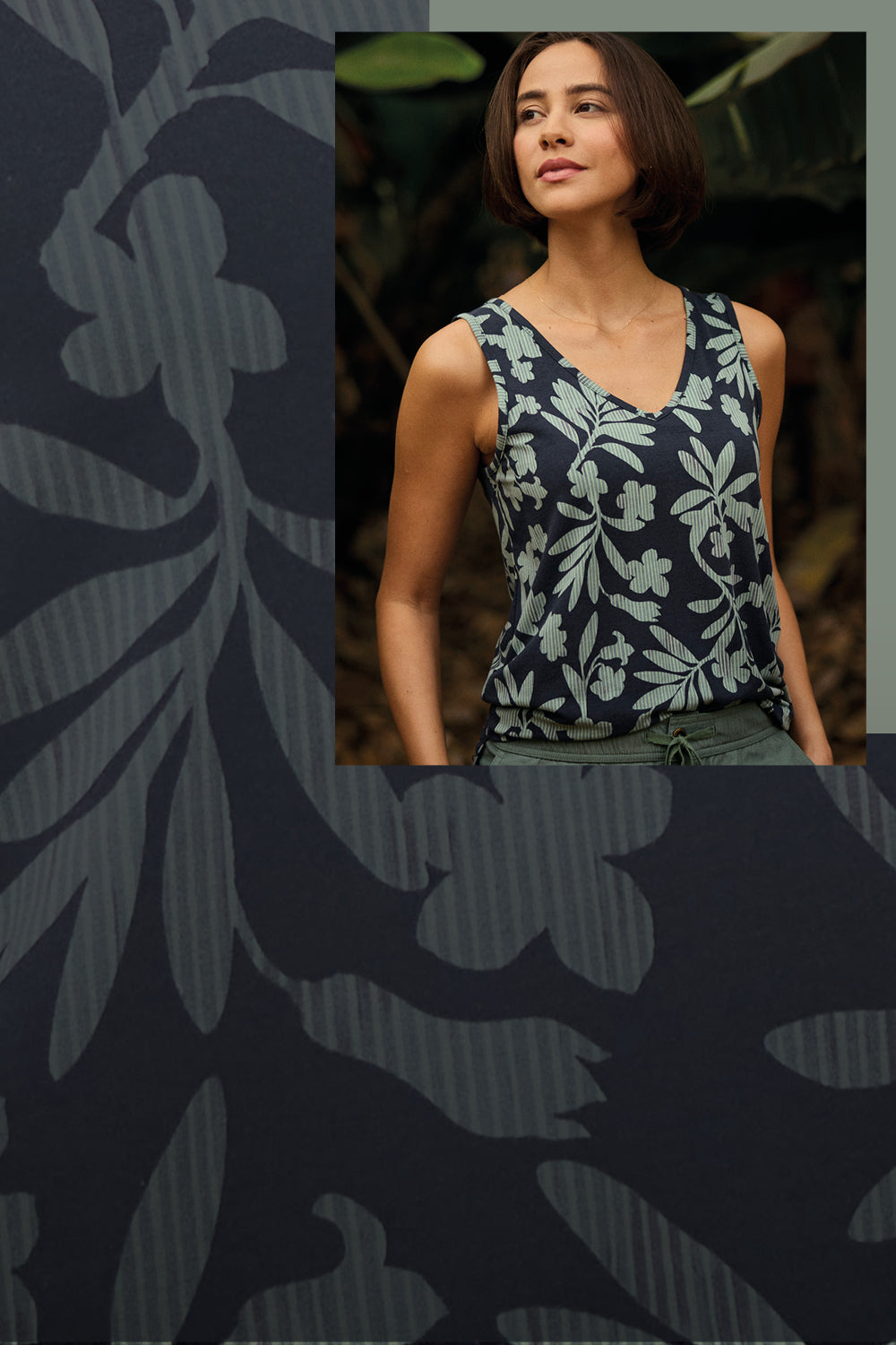 Woman wearing a floral sleeveless top with a blurred background.