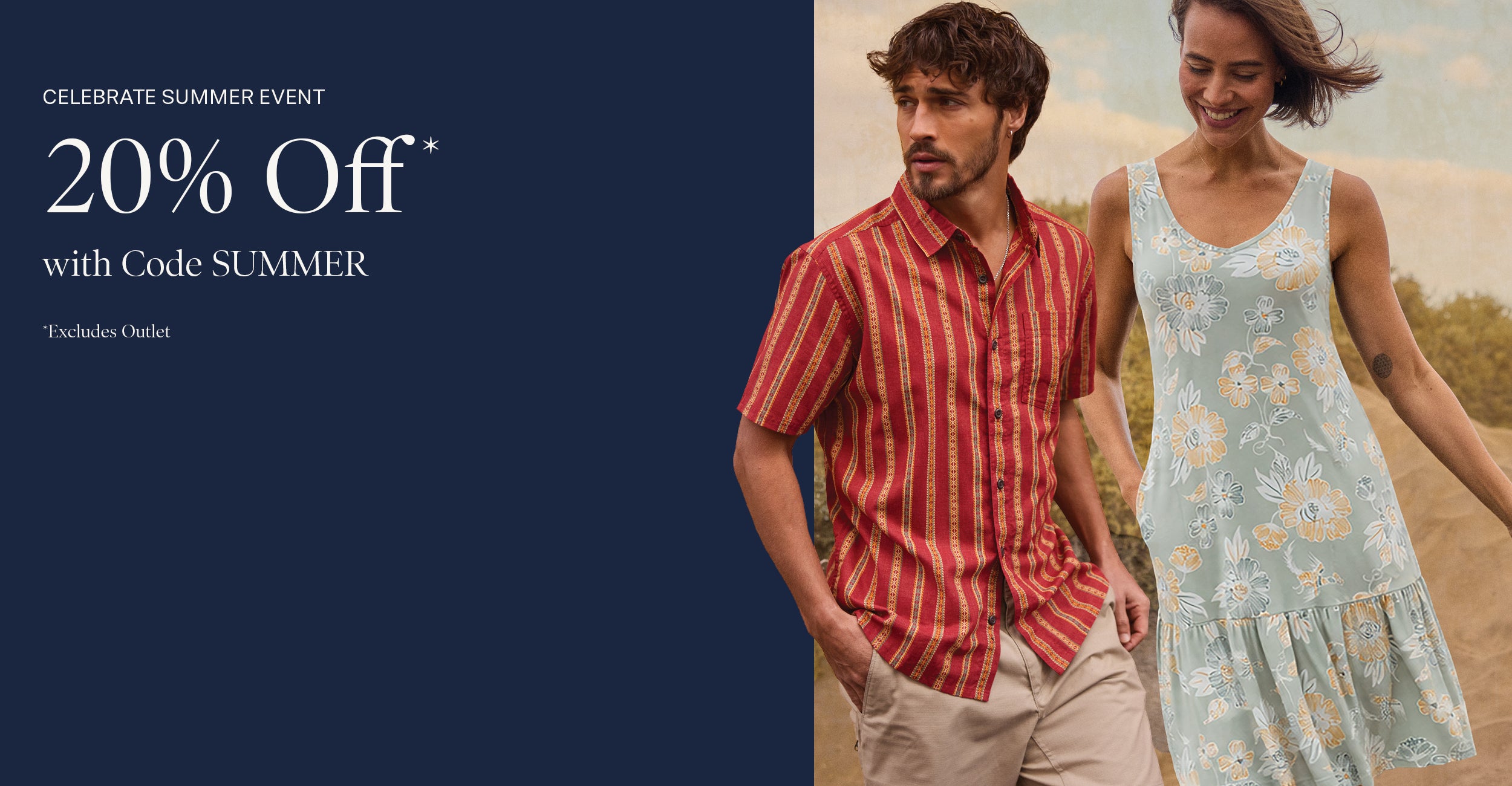 Promotional advertisement with a man and woman walking outdoors, featuring a 20% off summer event offer. The advertisement features an image of a man wearing a red striped shirt and a women with a green floral dress.
