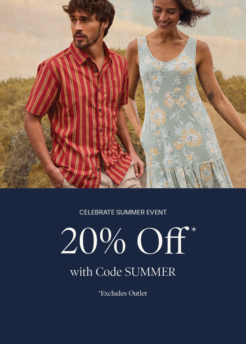Promotional advertisement with a man and woman walking outdoors, featuring a 20% off summer event offer. The advertisement features an image of a man wearing a red striped shirt and a women with a green floral dress.