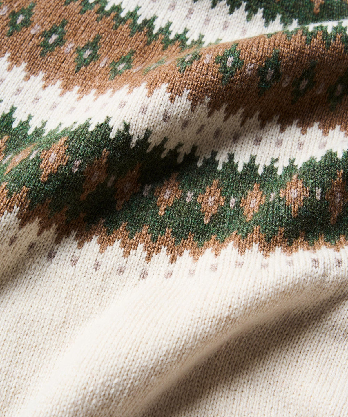 Close-up of a knit fabric with a Fair Isle style pattern in cream, brown, and green.