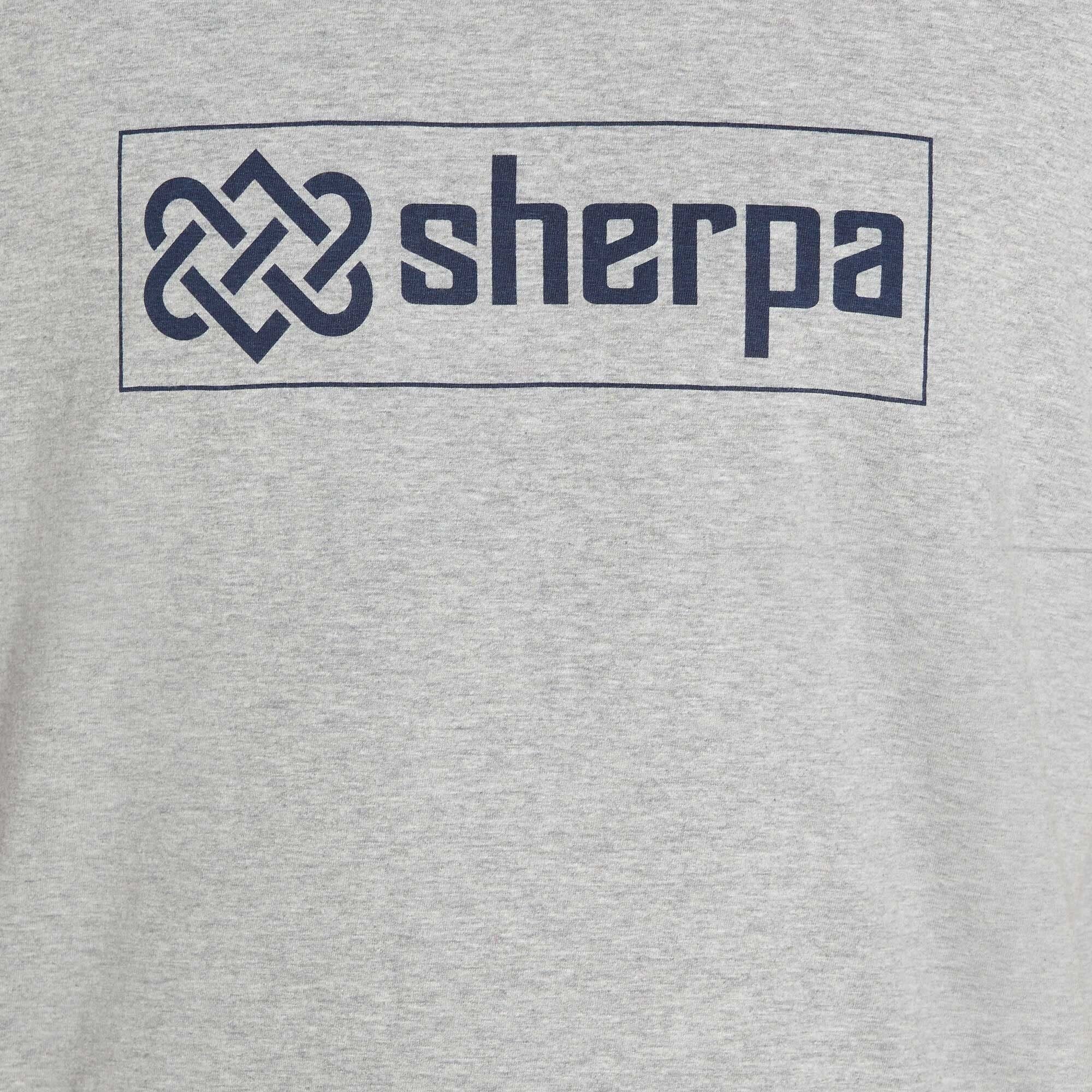Sherpa Adventure Gear Sokaa T-Shirt in Grey, with a close up on the front logo detail