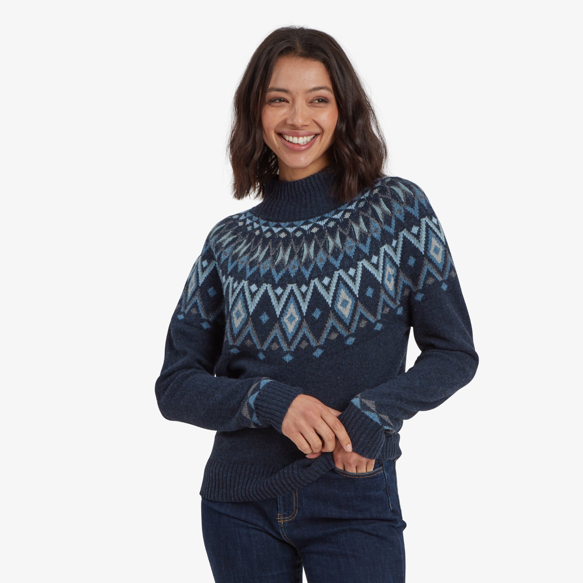 ウノピュウ　レディース　モックネック Womens Indu Neck Sweater Blue | Sherpa Adventure Gear