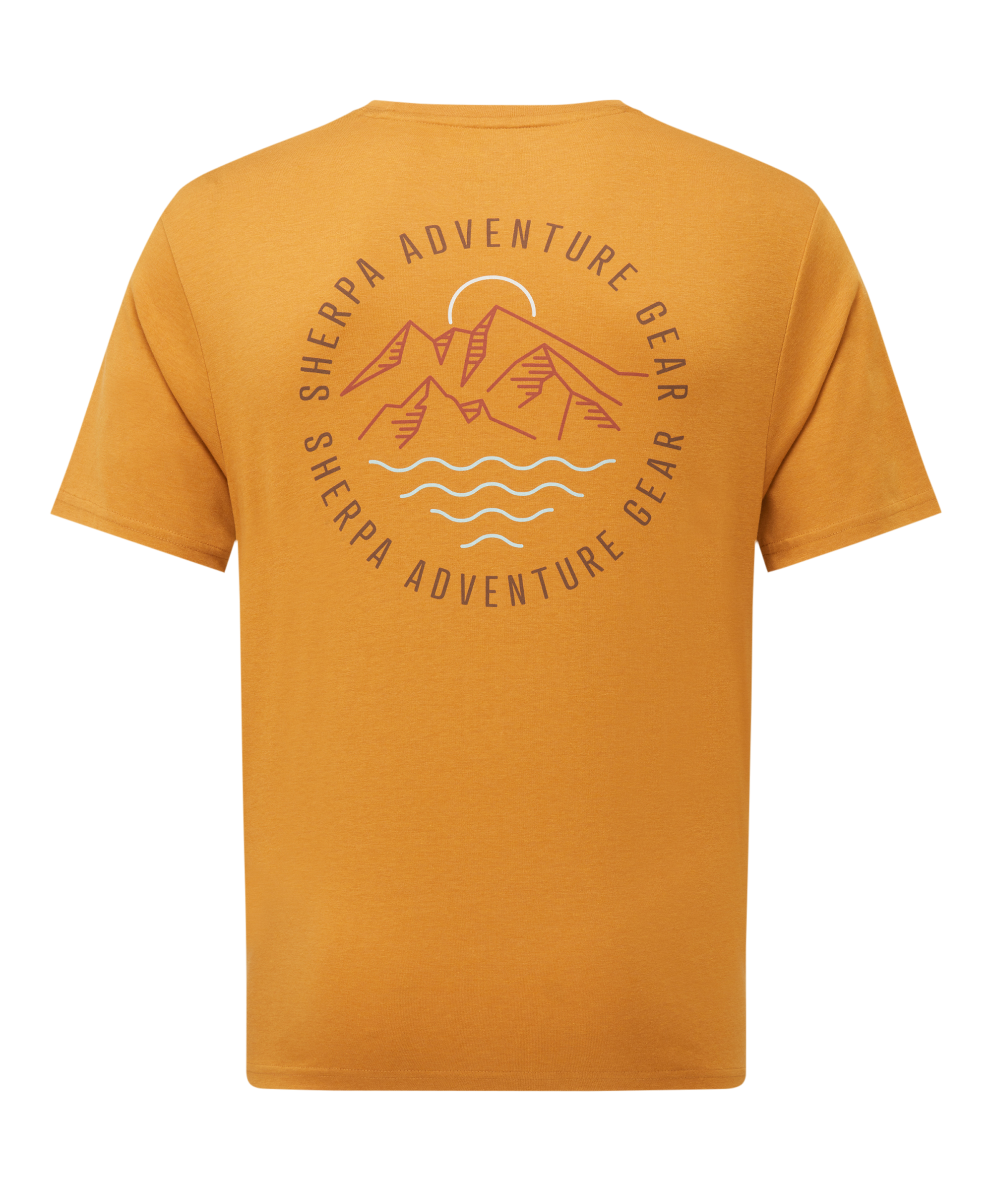 Back of a men's mustard yellow t-shirt with 'Sherpa Adventure Gear' logo and mountain graphic on a white background
