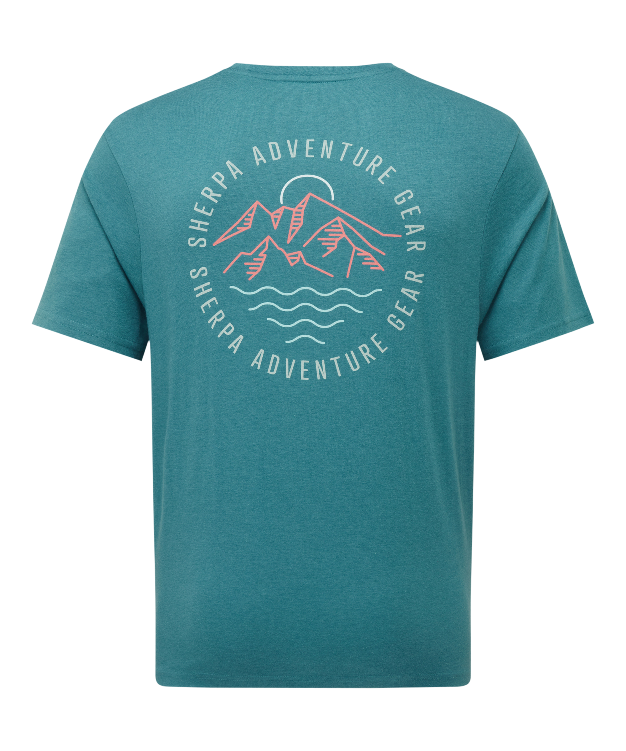 Men's teal t-shirt with a mountain and river graphic on the back against a white background