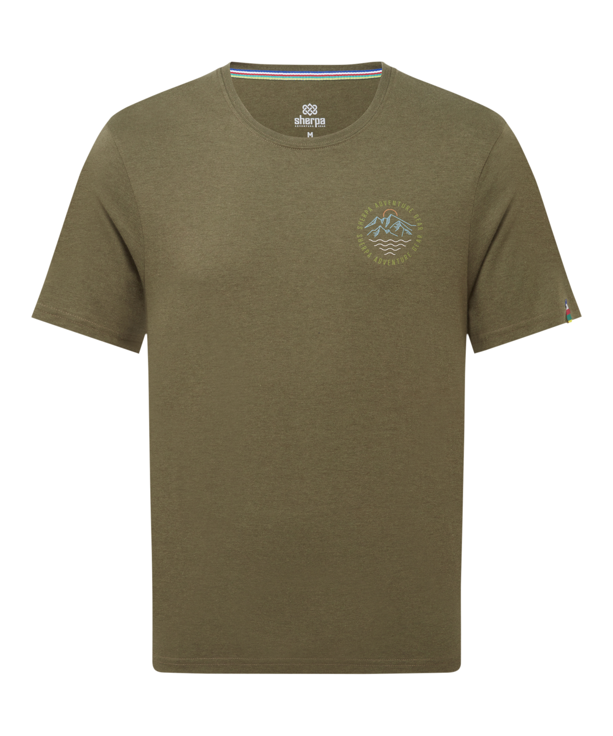 Men's green t-shirt with a small circular mountain and river graphic on the chest on a white background